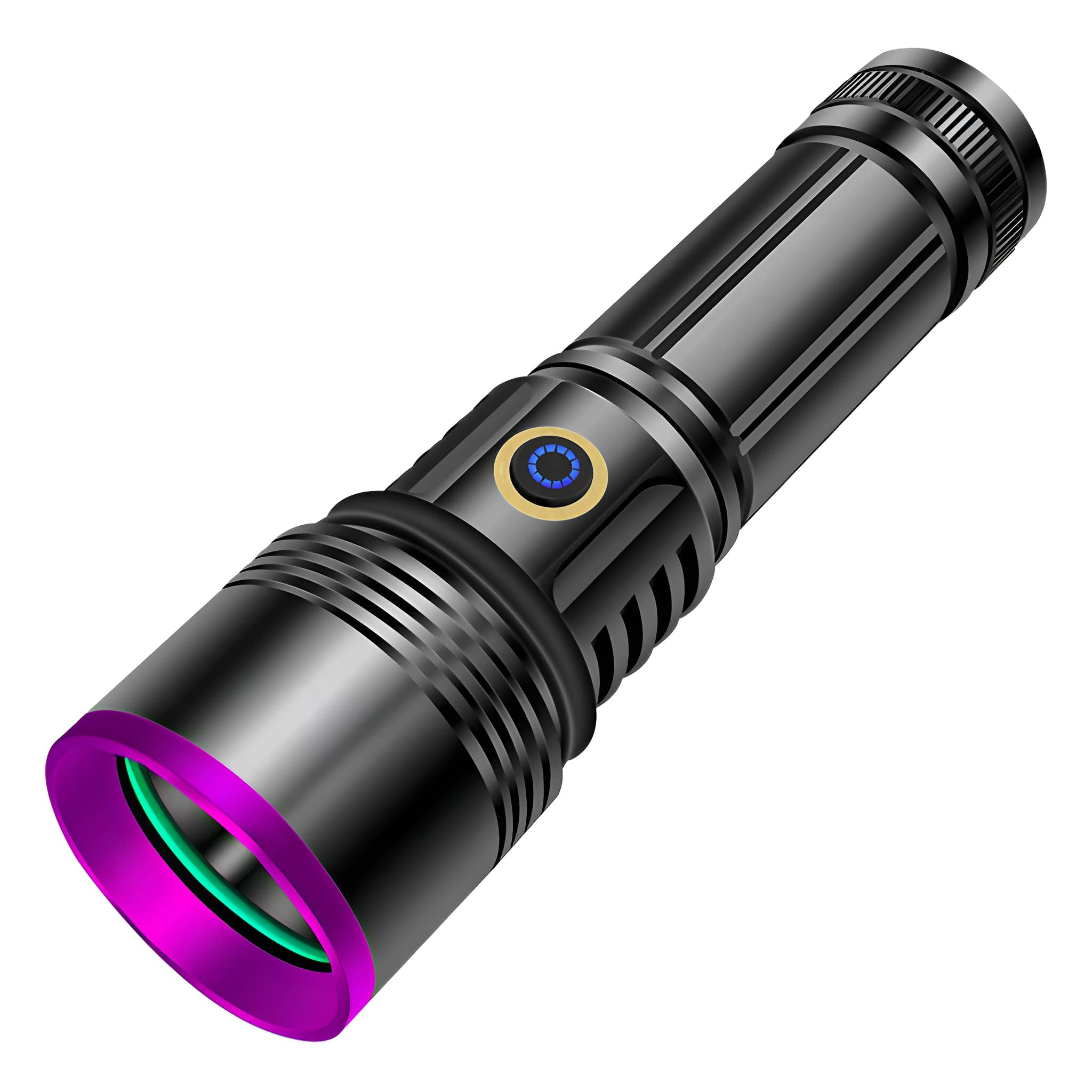 Eine schwarze Taschenlampe mit violettem Ring und blauem Knopf.