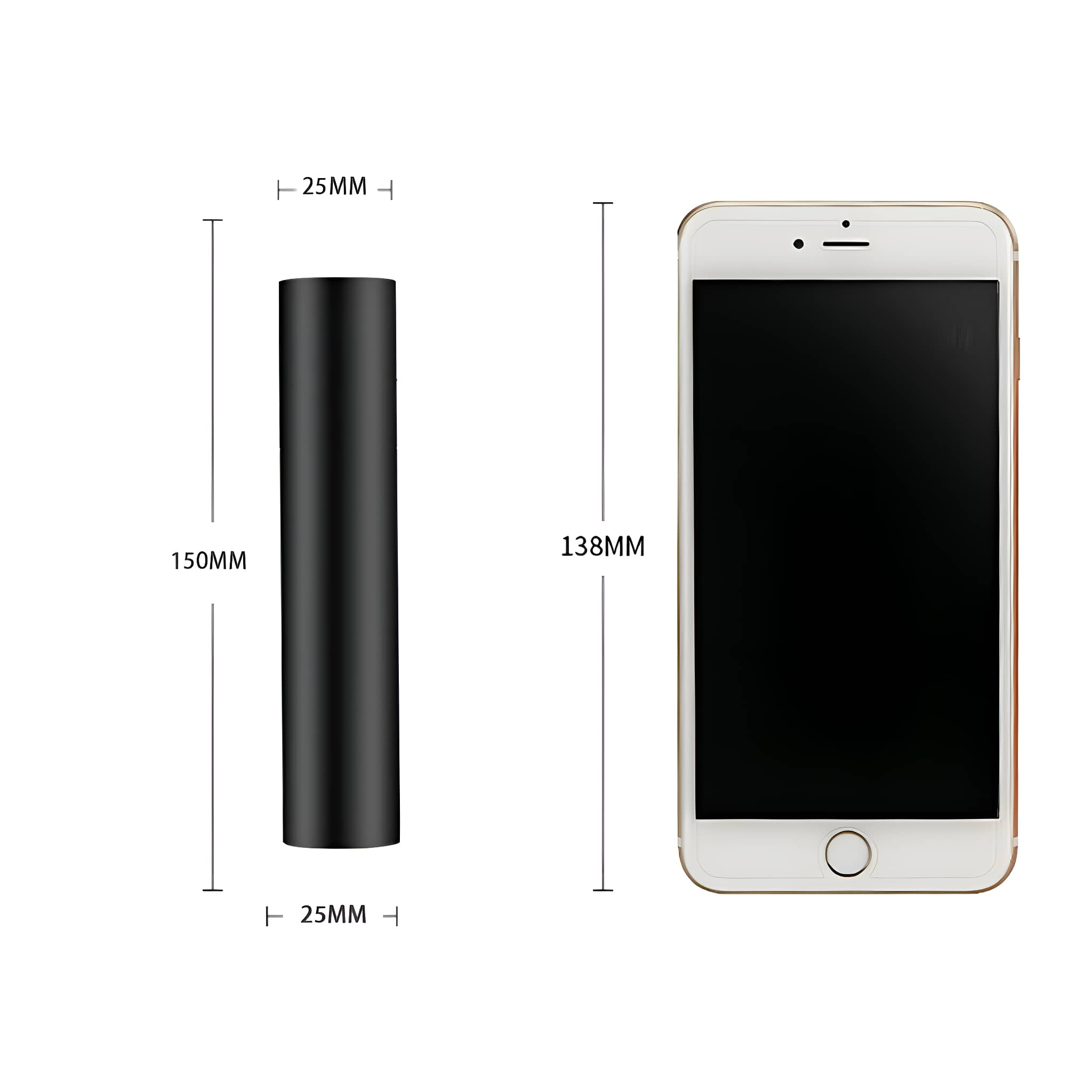 Ein schwarzer Zylinder und ein weißes iPhone mit beschrifteten Abmessungen: 150 mm, 25 mm, 138 mm und 25 mm.