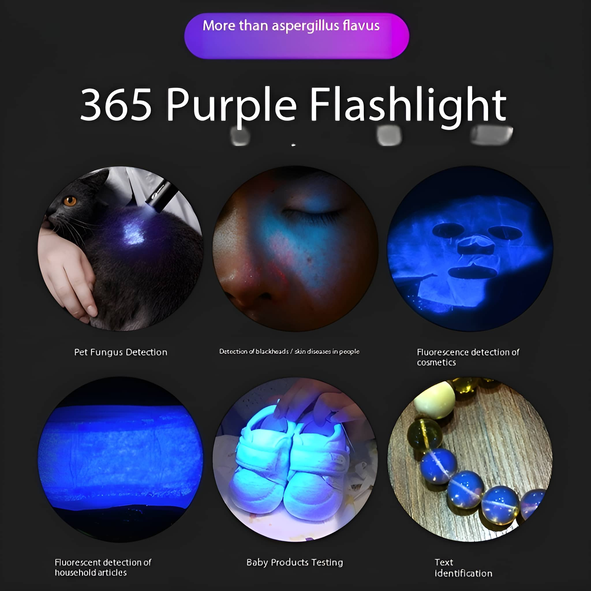 Grafik, die die Verwendung einer violetten 365-Taschenlampe zeigt. Enthält Bilder von Haustiererkennung, Hauterkennung und mehr.