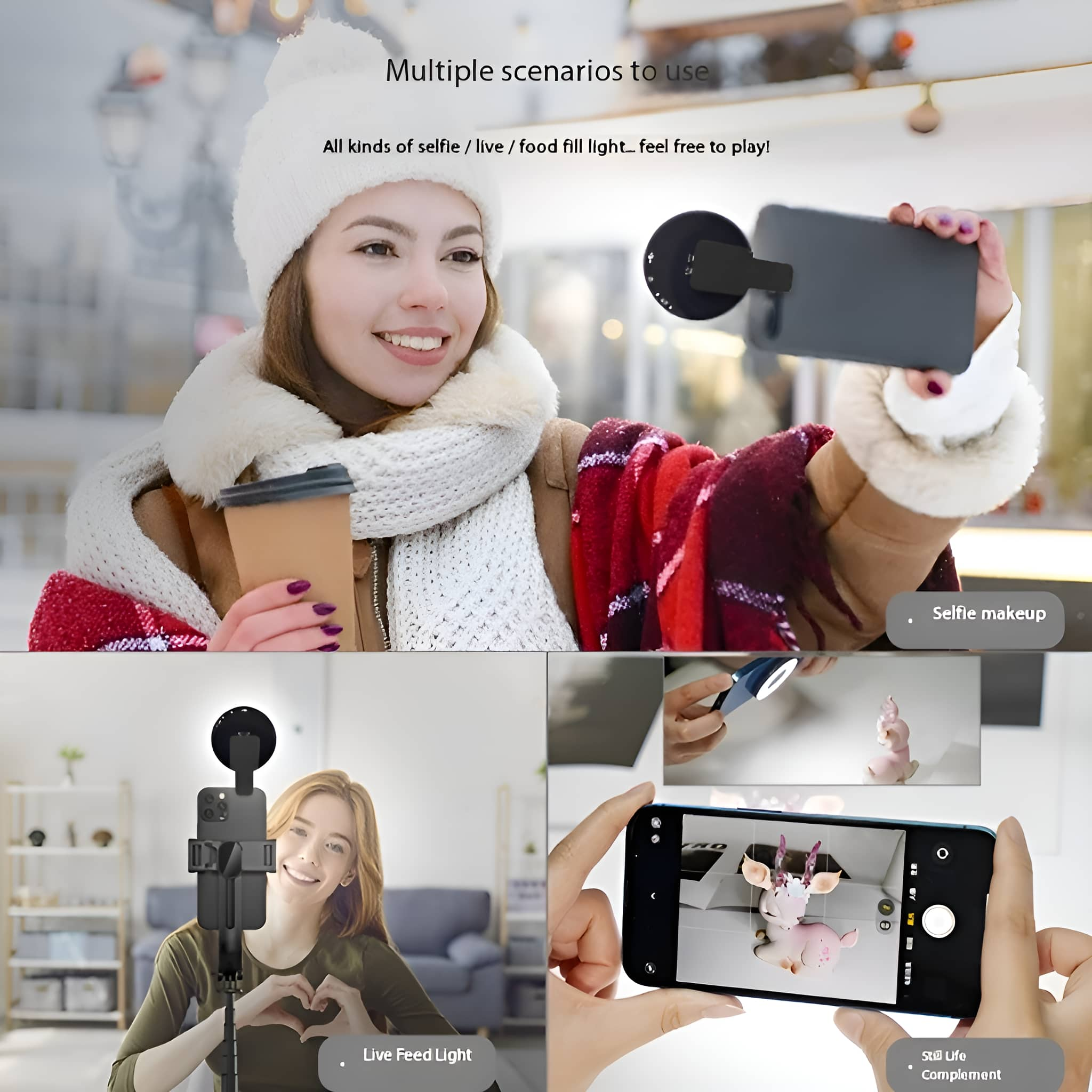 Collage, der eine Frau beim Selfies machen zeigt, mit Zubehör. Verschiedene Szenarien sind dargestellt.