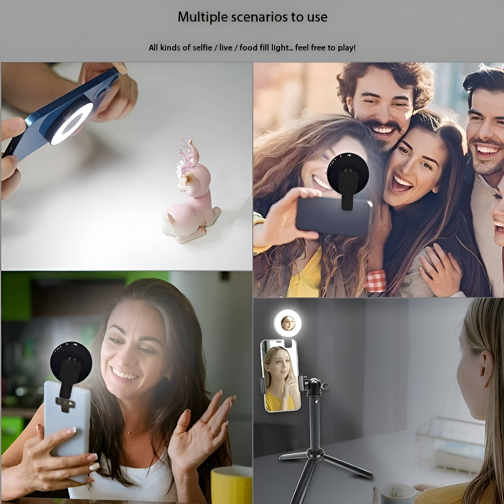 Collage von Personen, die ein Ringlicht mit ihren Telefonen für Selfies und Videoaufnahmen verwenden.