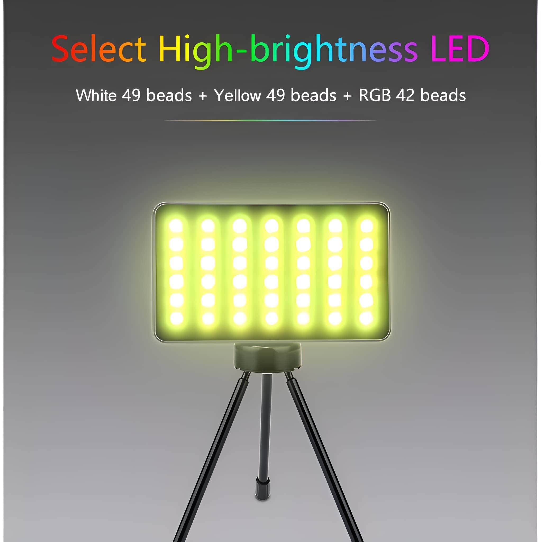 LED-Licht mit Stativ. Das Licht ist weiß mit gelben und RGB-Perlen.