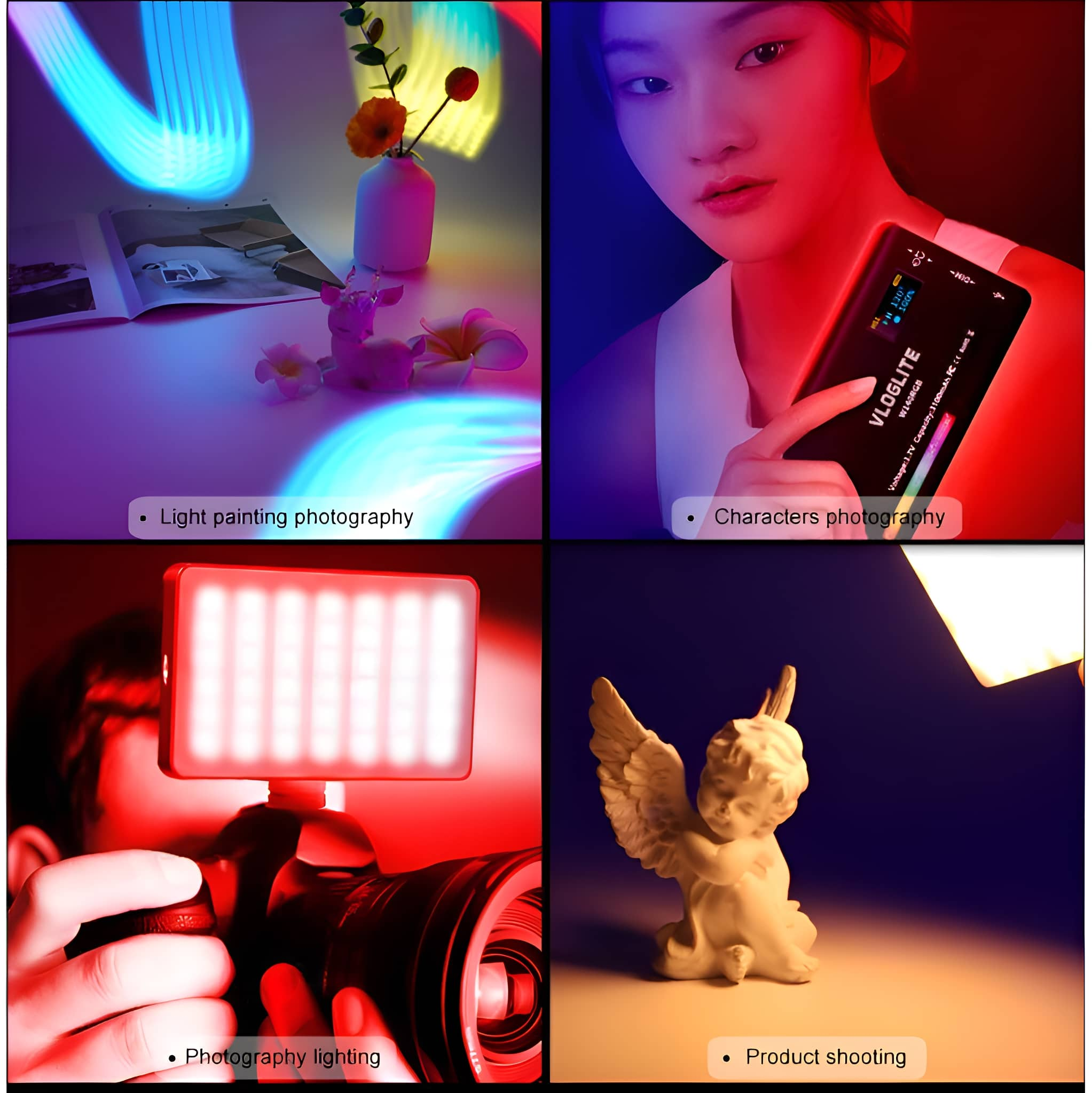 Eine Collage aus vier Bildern, die Lightpainting, Charakterfotografie, Fotobeleuchtung und Produktaufnahmen zeigen.