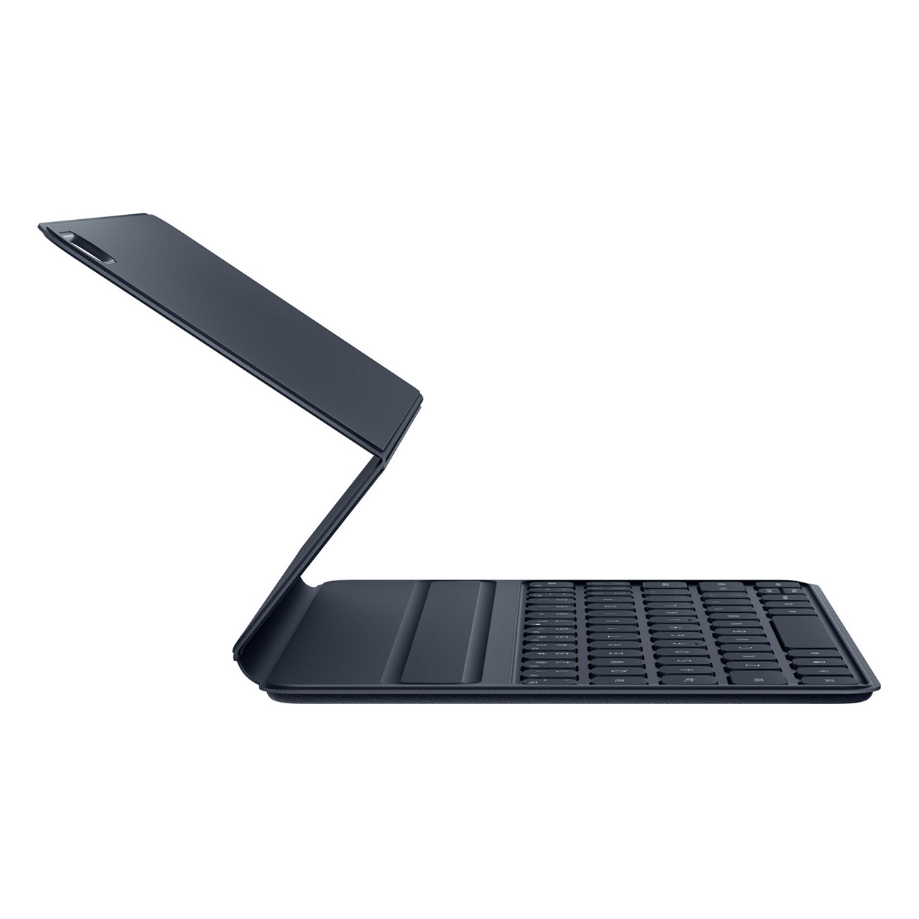 Schwarze Tastatur mit angewinkeltem, dunklem Bildschirm. Weißer Hintergrund.