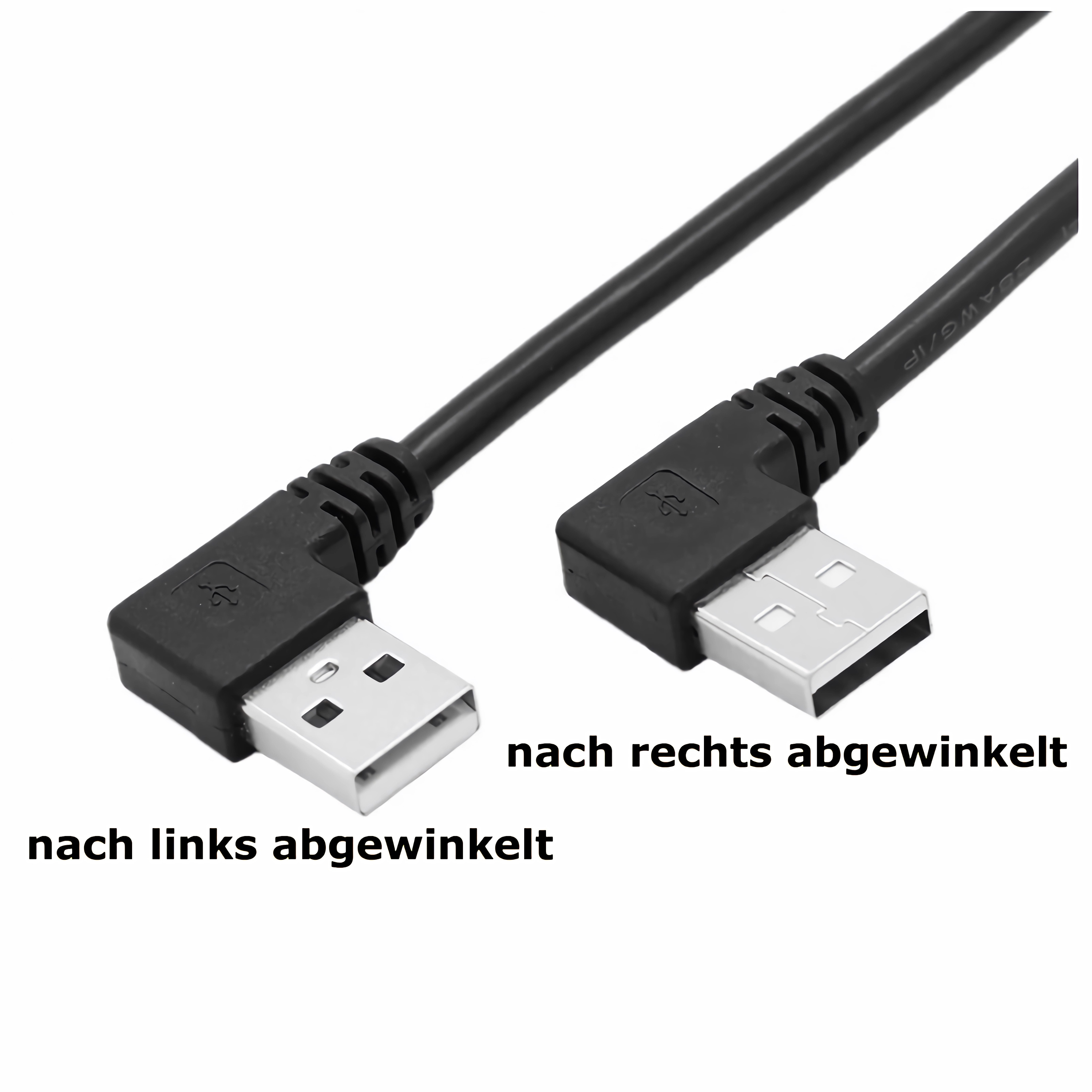 Zwei schwarze USB-Kabel mit abgewinkelten Steckern; eins links abgewinkelt, das andere rechts.