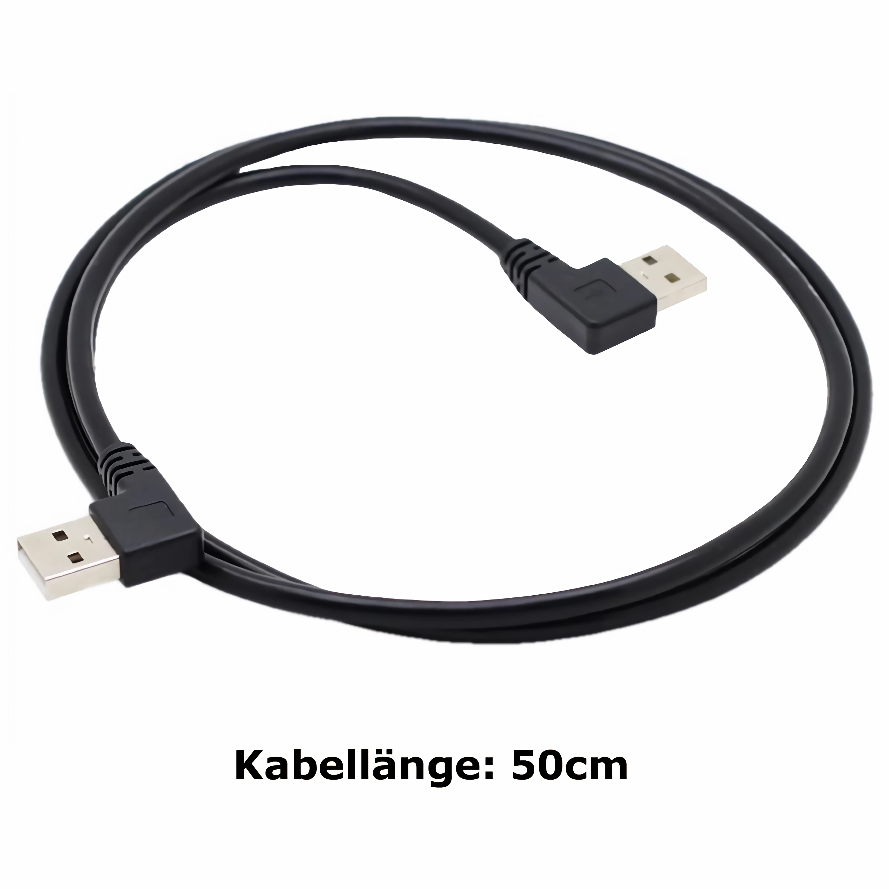 Schwarzes USB-Kabel mit abgewinkelten Steckern. Text 'Kabellänge: 50cm'.