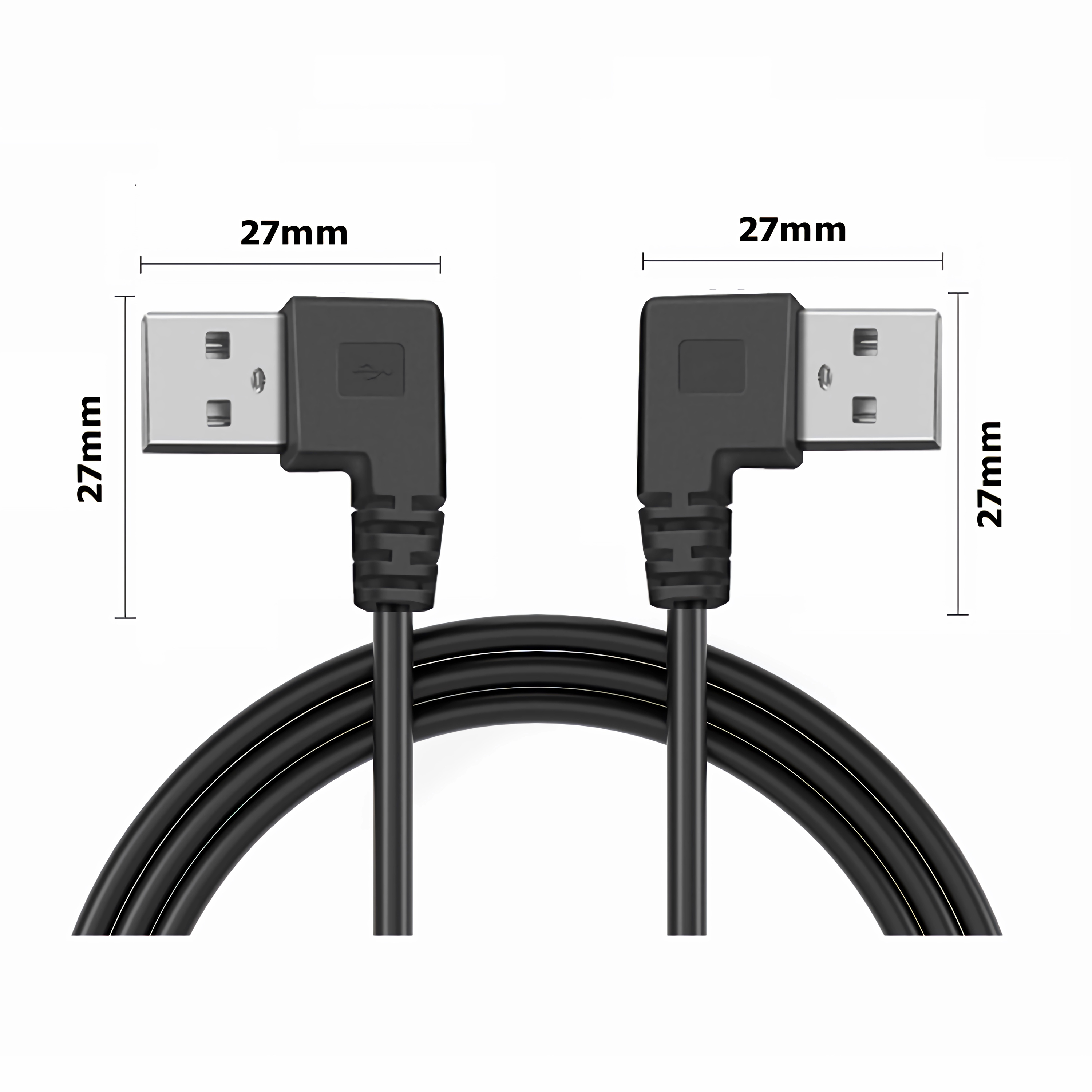 Zwei schwarze USB-zu-USB-Kabel, mit Abmessungen von 27 mm auf jeder Seite.