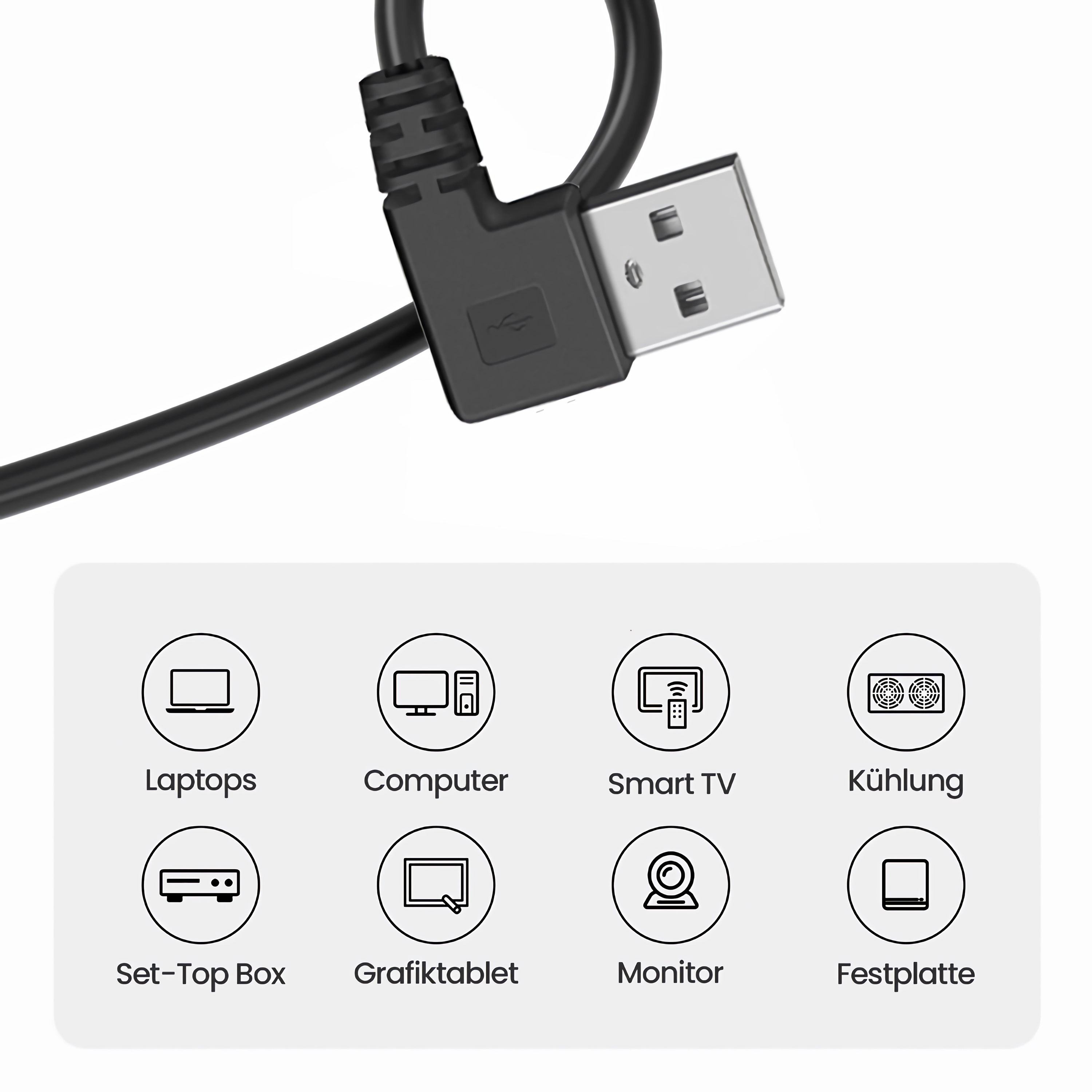 USB-Kabel mit verschiedenen Symbolen: Laptops, Computer, Smart TV usw.