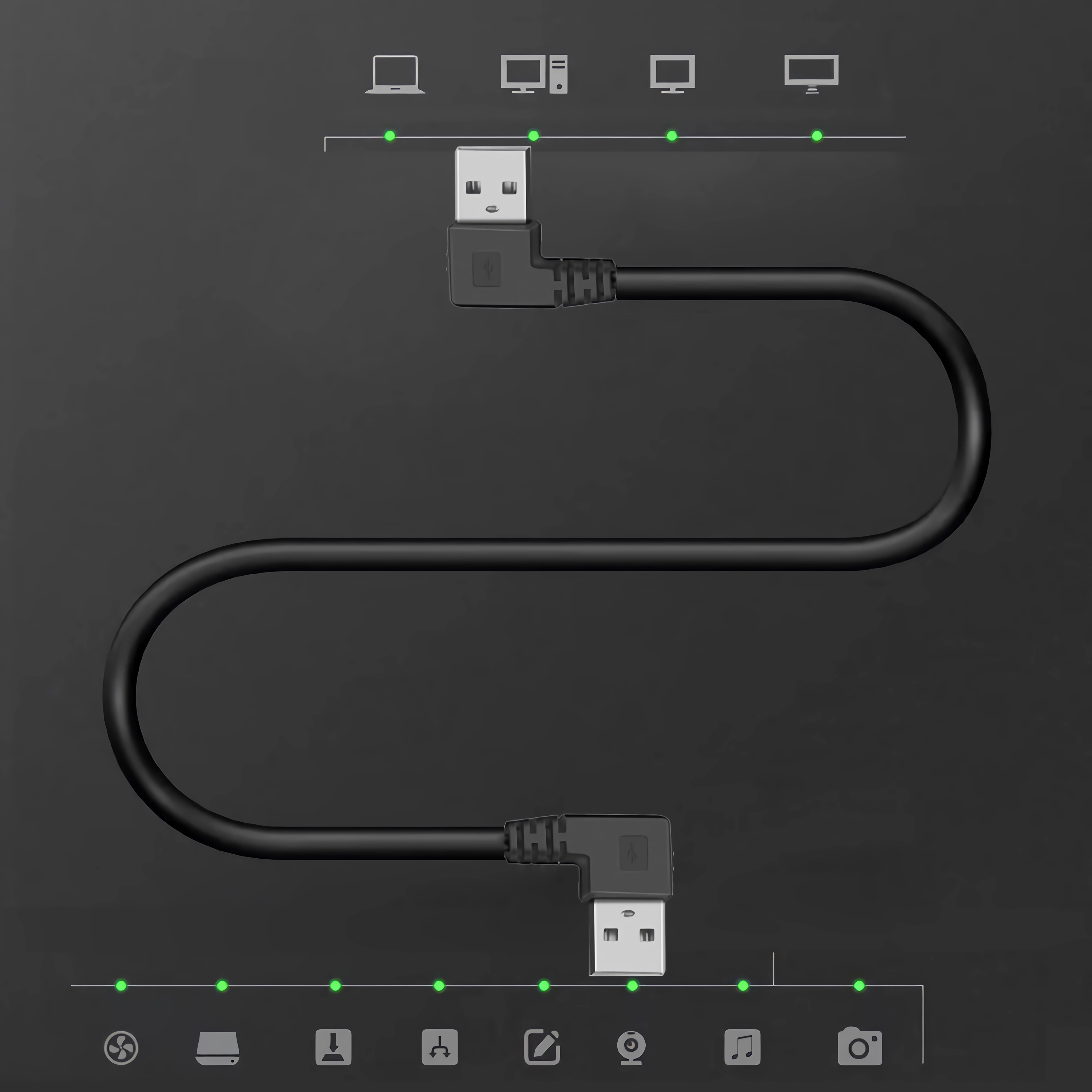 Schwarzes USB-Kabel mit Diagramm, das Verbindungspunkte für verschiedene Geräte zeigt.