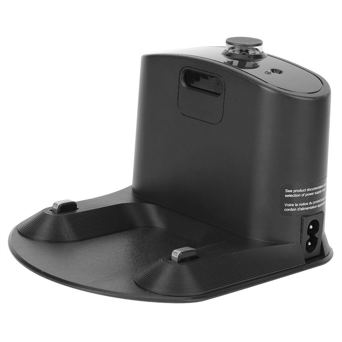 Schwarze Ladestation für einen Roboter-Staubsauger, mit geschwungener Front und Seitendetails.