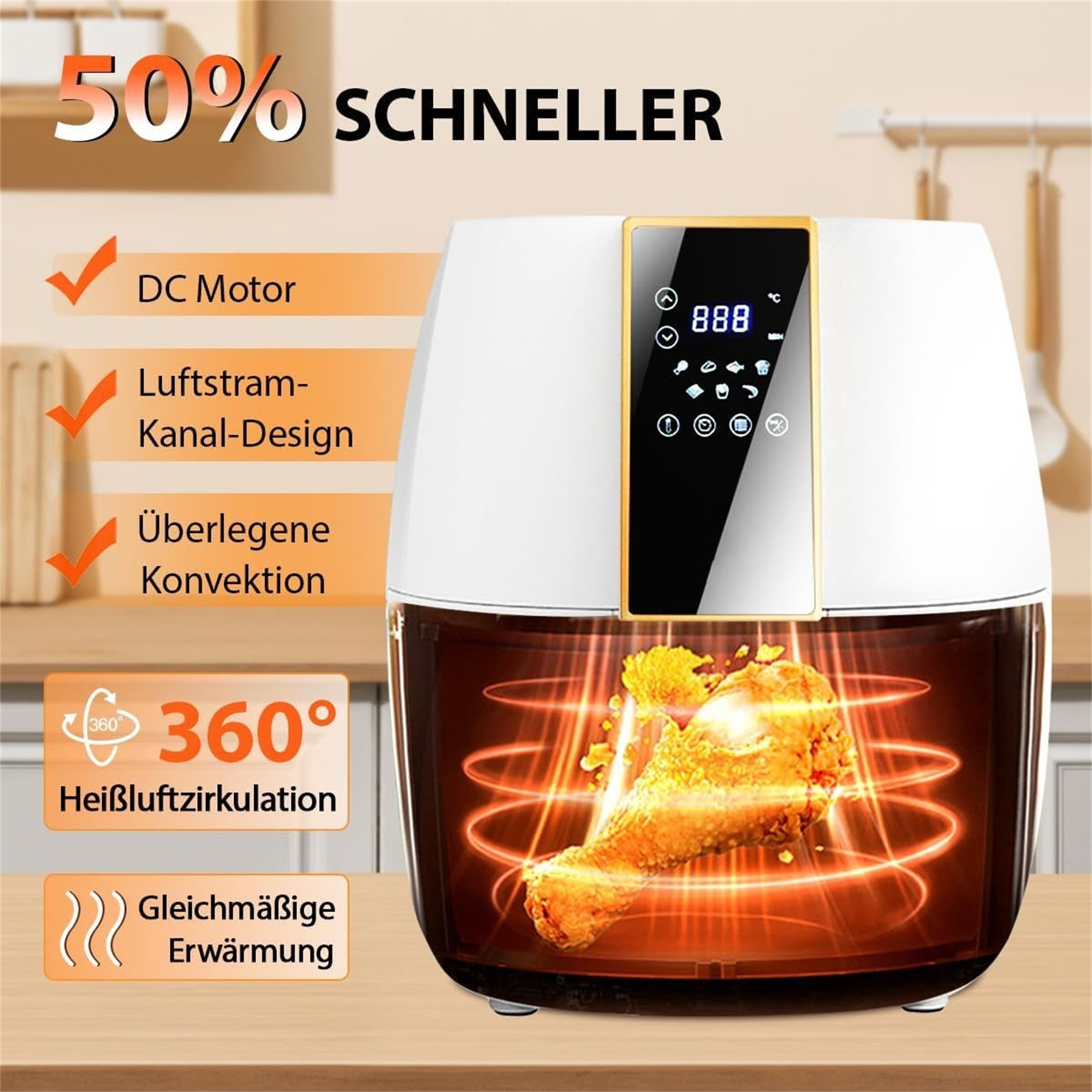 Weißer Luftfritteuse mit Hähnchen innen und Display. Text: 50% schneller, 360° Luftzirkulation.