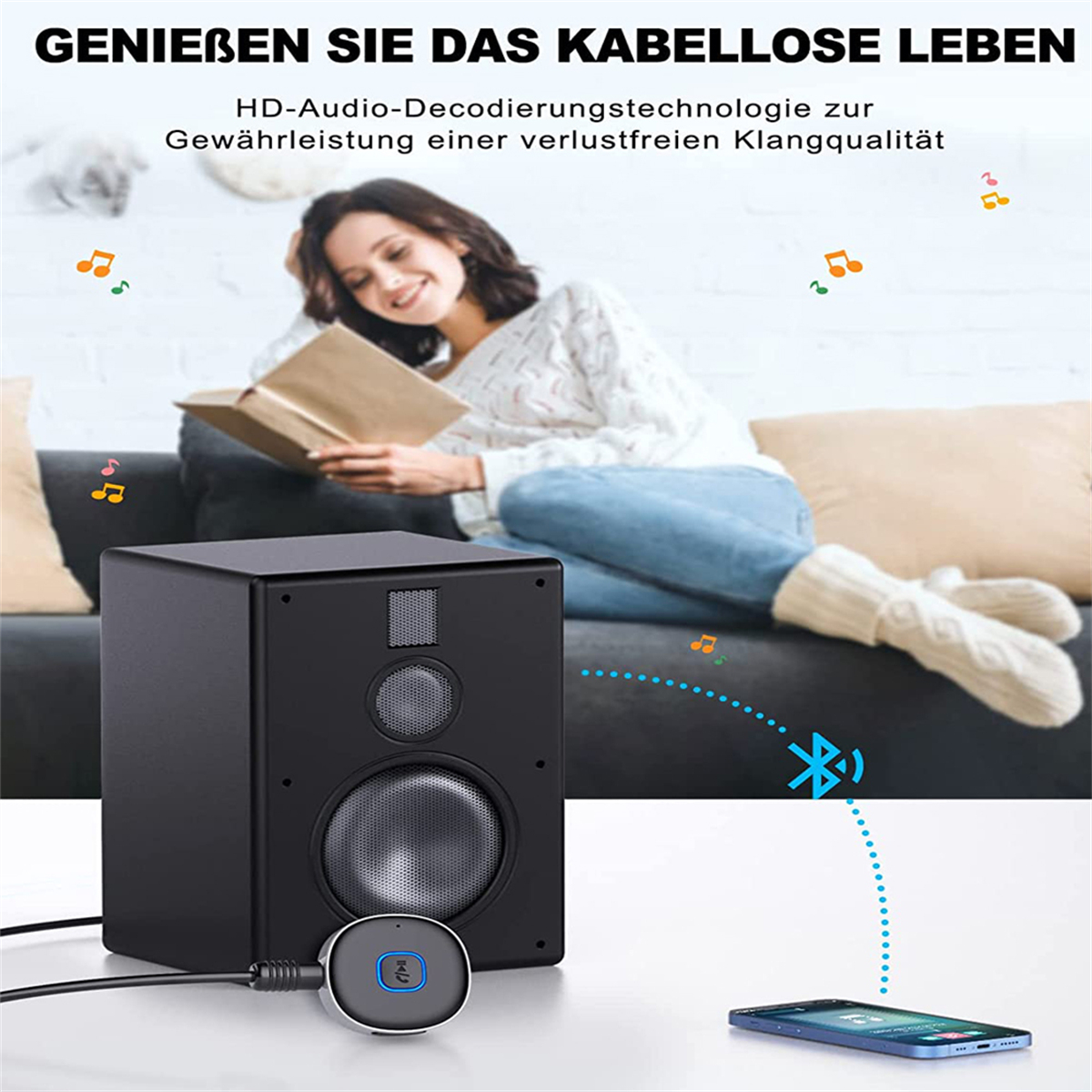 Schwarzer Lautsprecher mit angeschlossenem Gerät, Telefon. Textüberlagerung. Frau liest.