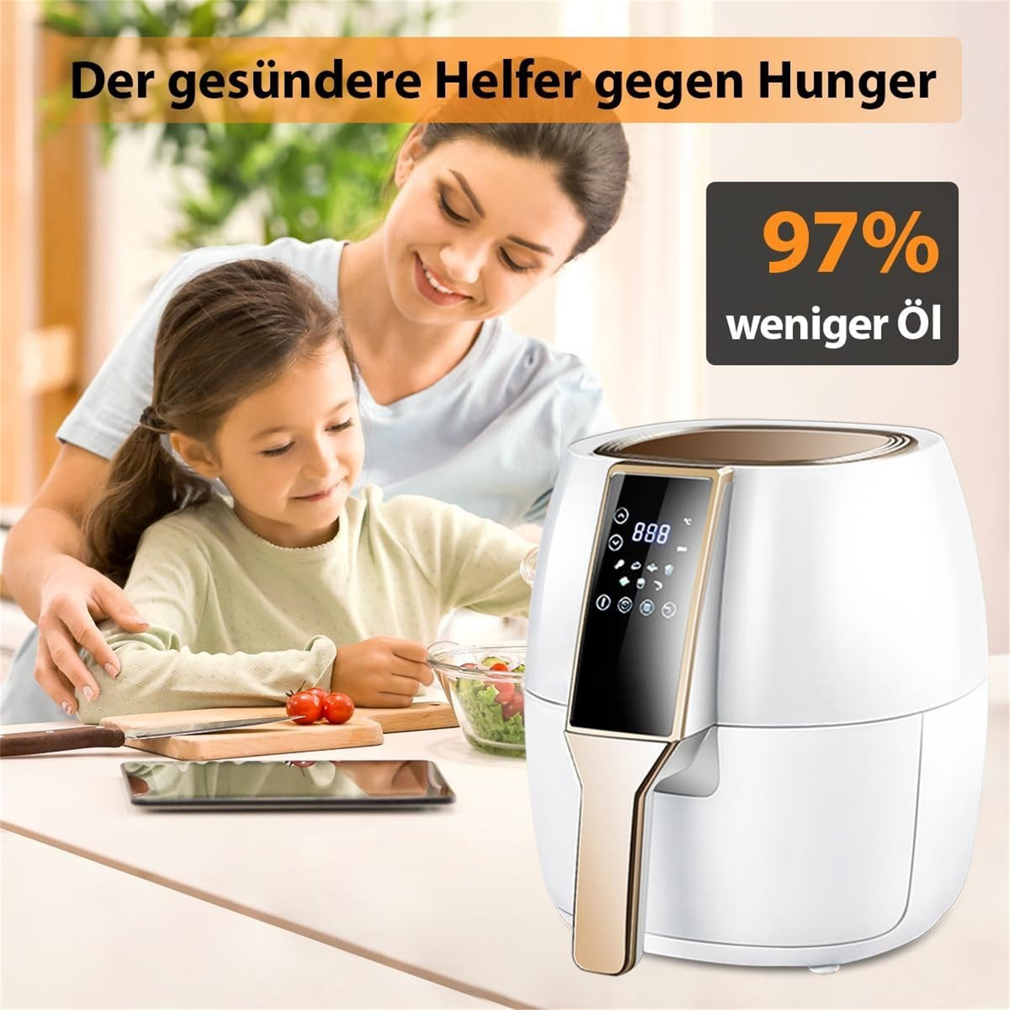 Mutter und Tochter lächeln an einem weißen Heißluftfritteuse. Text sagt '97% weniger Öl'.