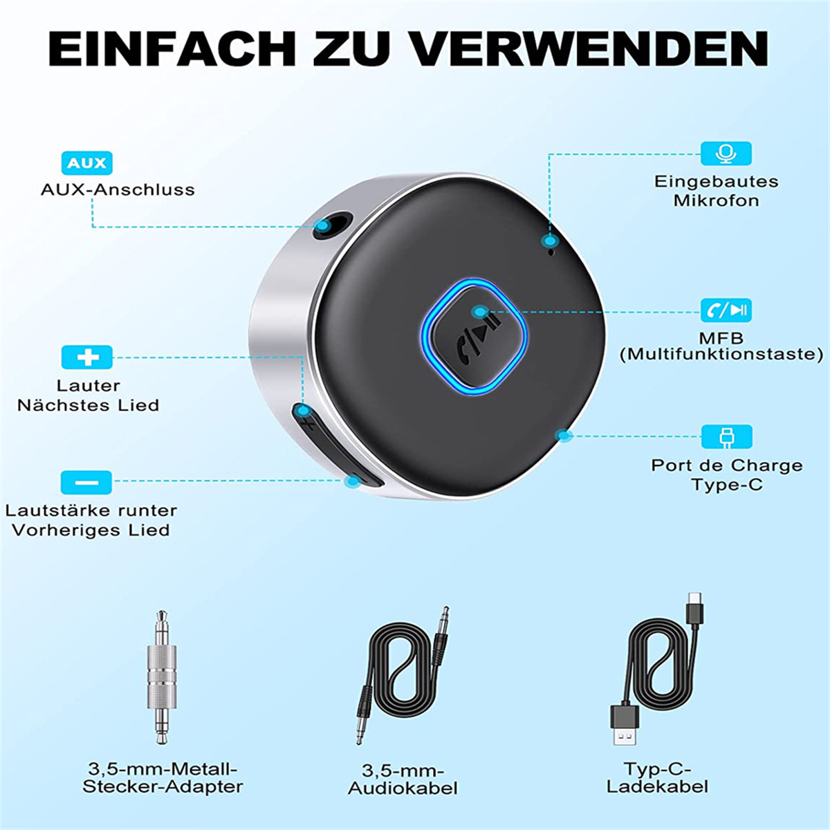 Ein schwarzer und silberner Bluetooth-Empfänger mit verschiedenen Anschlüssen und Tasten sowie Kabeln.