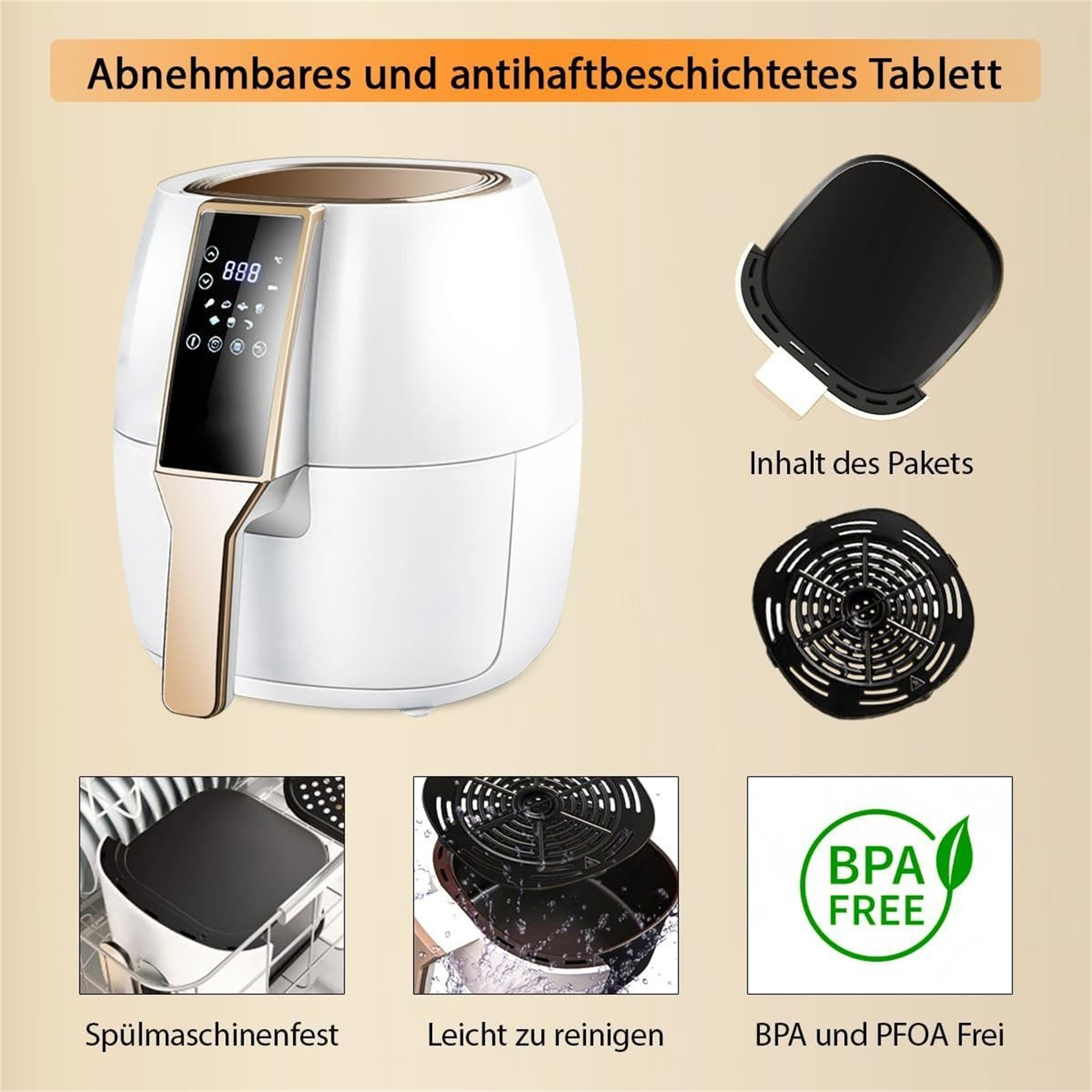 Eine weiße Heißluftfritteuse mit Zubehör und Textbeschriftungen auf hellem Hintergrund.