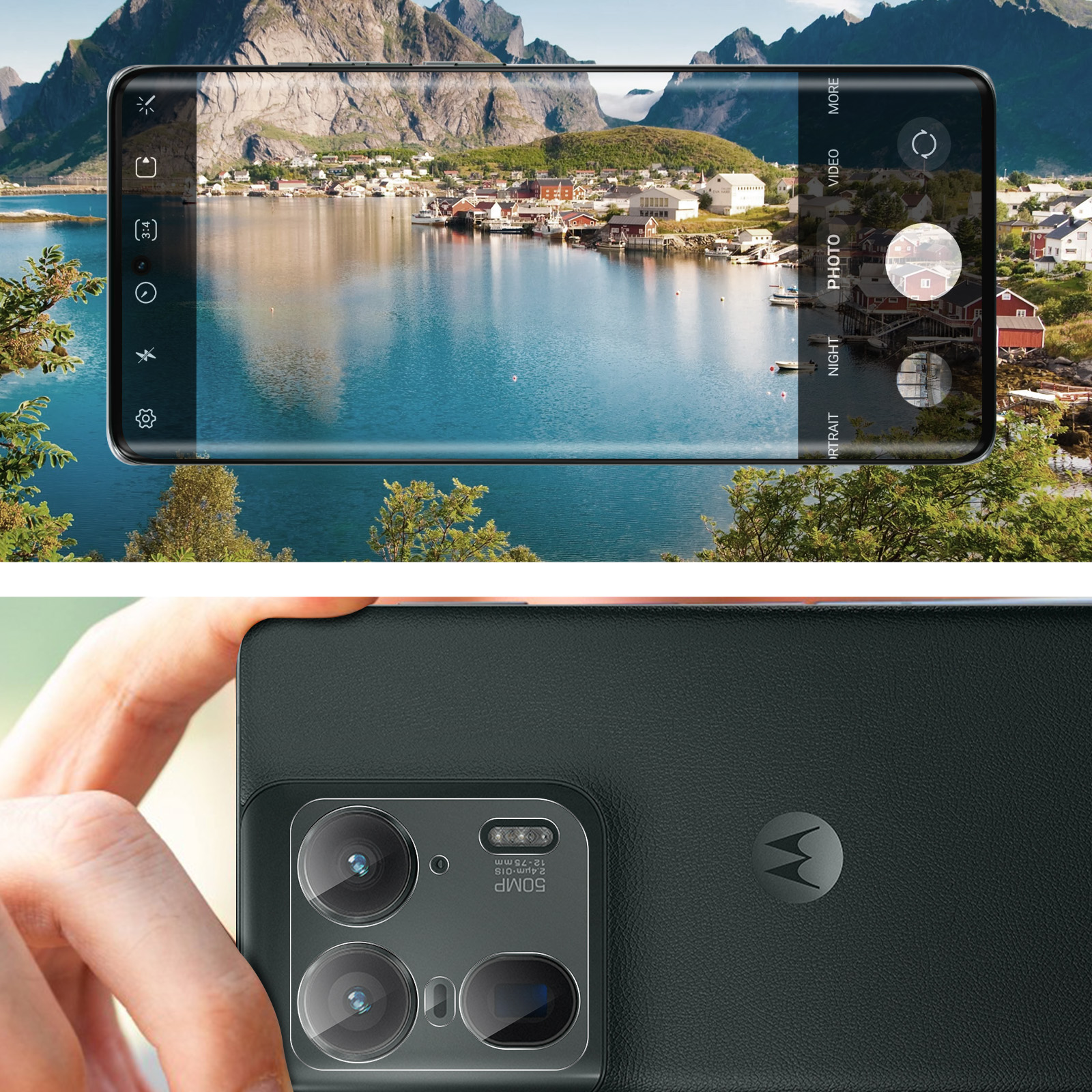 Un telefono mostra una vista panoramica sullo schermo. Il retro mostra le funzioni della fotocamera.