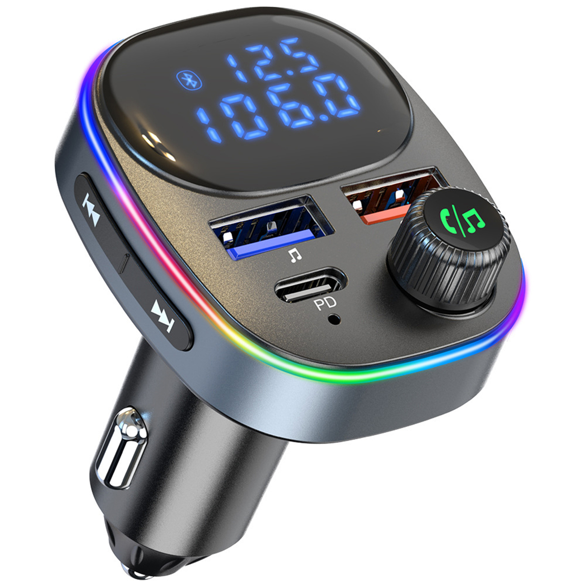 Kfz-Ladegerät mit Anzeige von Zahlen. Es hat USB-Anschlüsse und ein Zifferblatt.