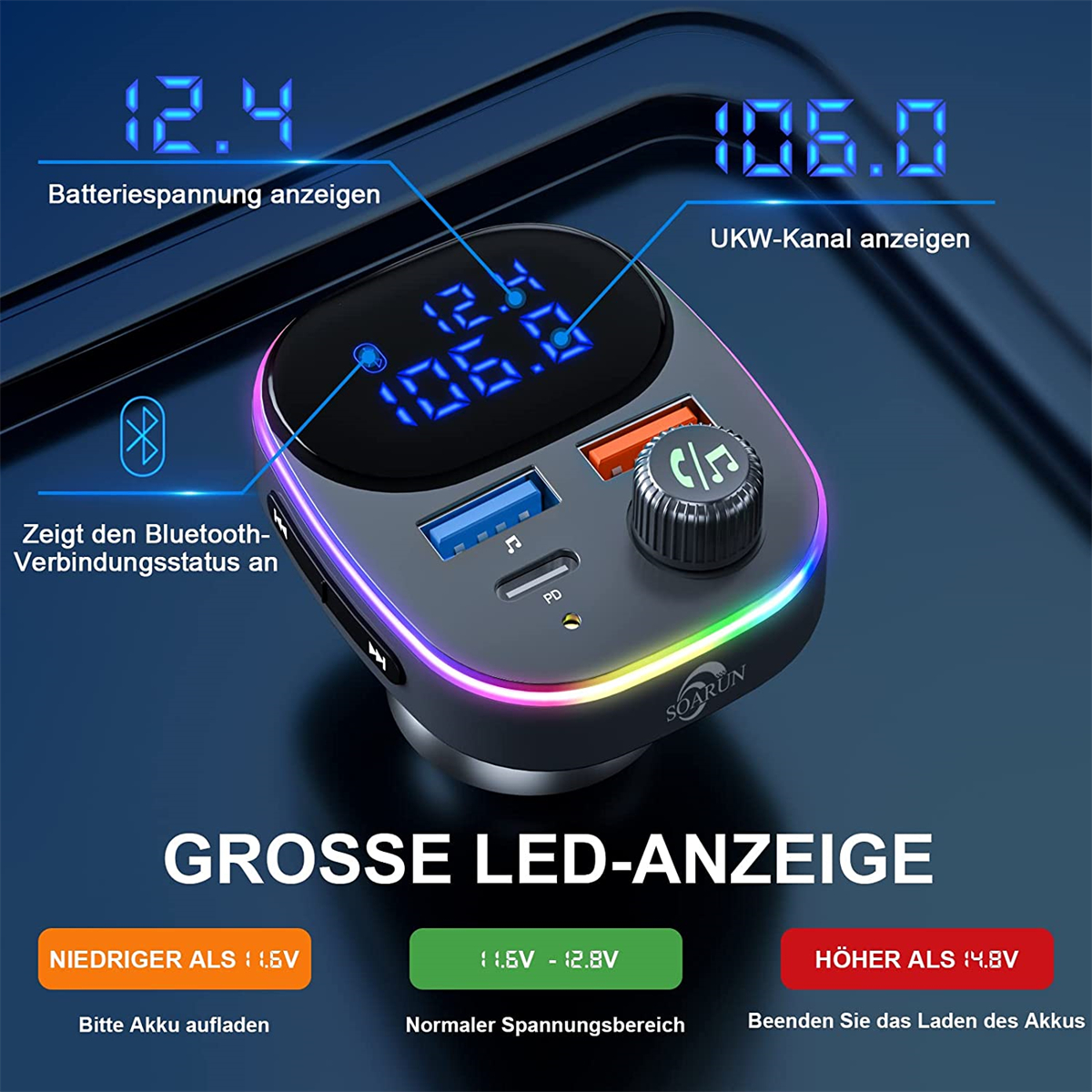 Schwarzes Autoladegerät mit LED-Anzeige, die Batteriespannung und UKW-Radio anzeigt.