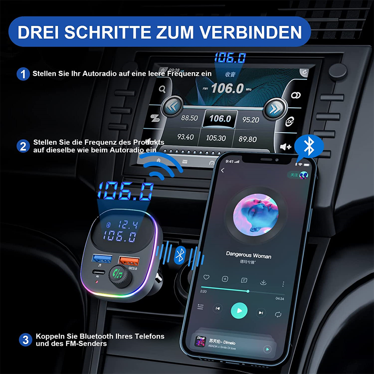 Autoradio mit Telefon, das Musik anzeigt, und Bluetooth-Empfänger, die Verbindungsschritte veranschaulichen.