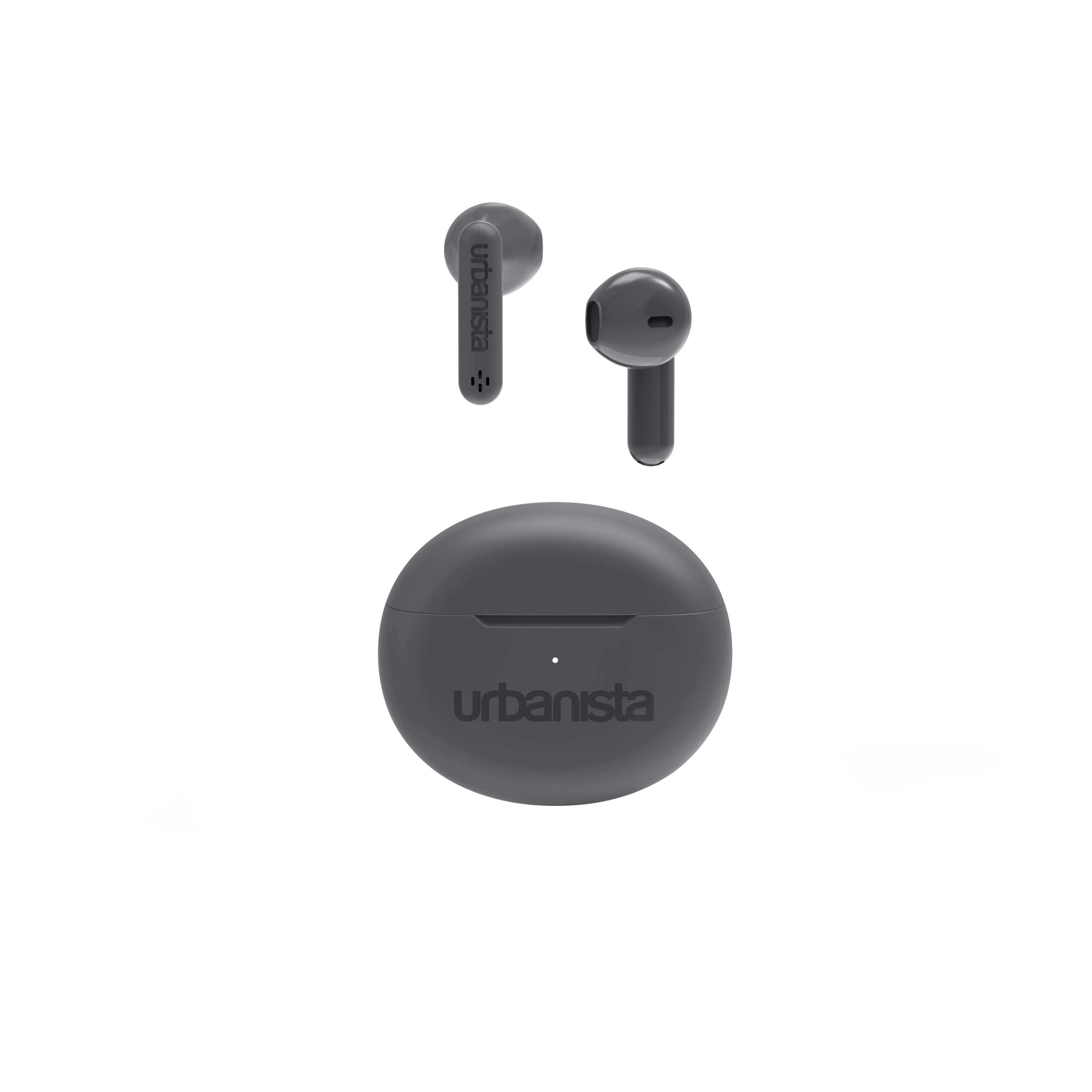 Ciemnoszare bezprzewodowe słuchawki i etui ładujące na czarnym tle.