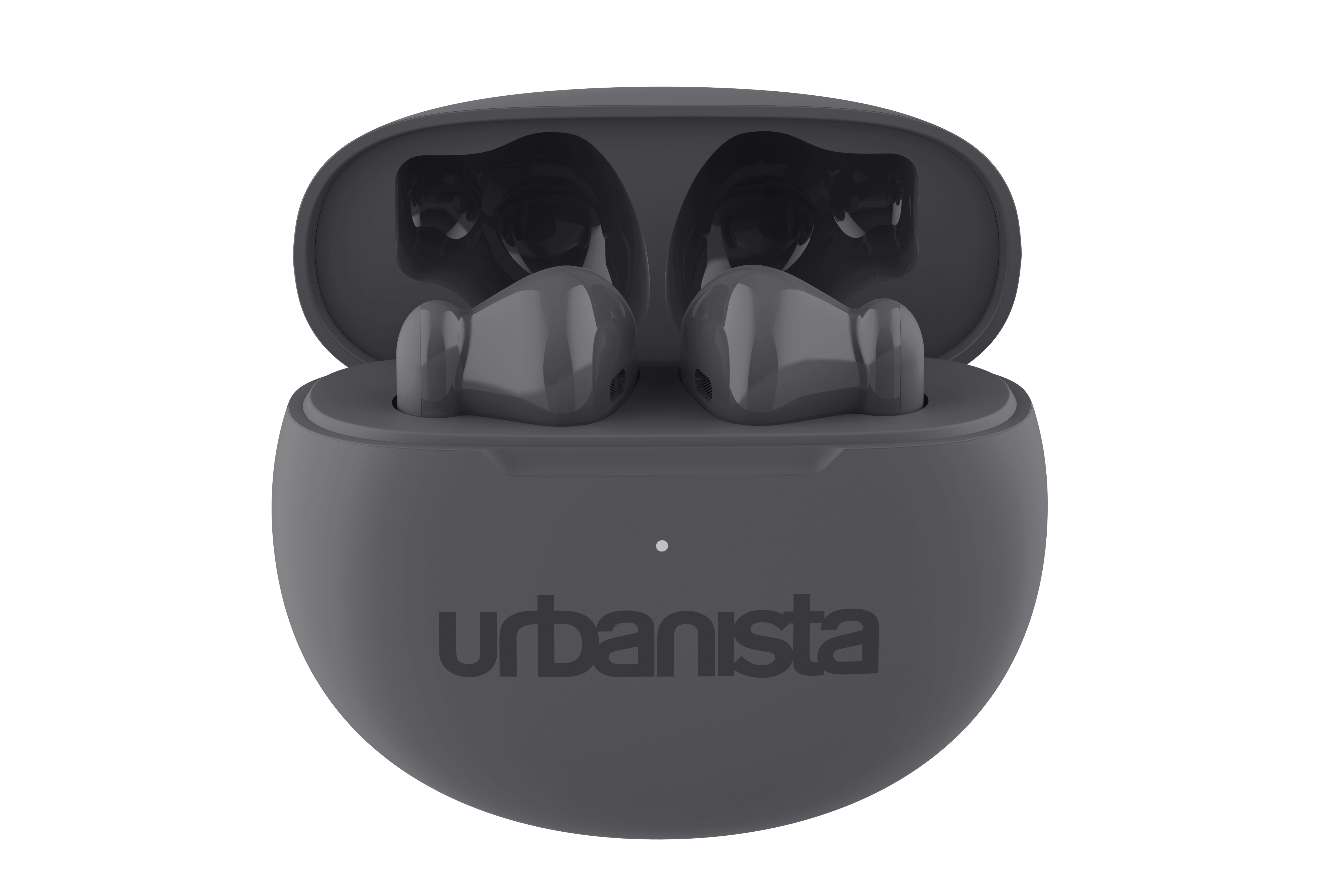 Ciemnoszare słuchawki Urbanista w pasującym etui ładującym. Etui jest otwarte.