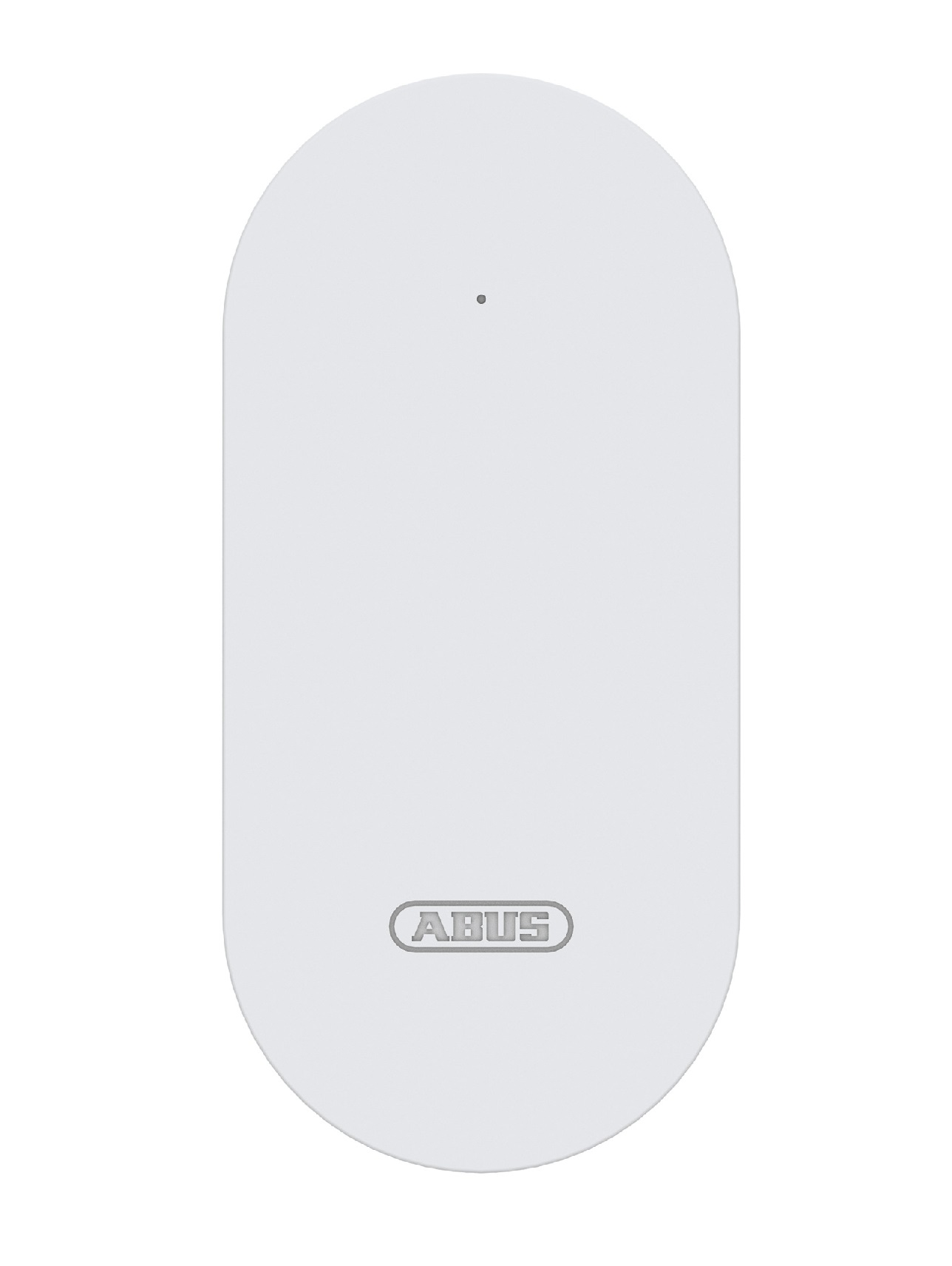 Weißes, ovales ABUS Smart Home-Gerät, Draufsicht, mit kleinem Punkt, schlichtes Design.