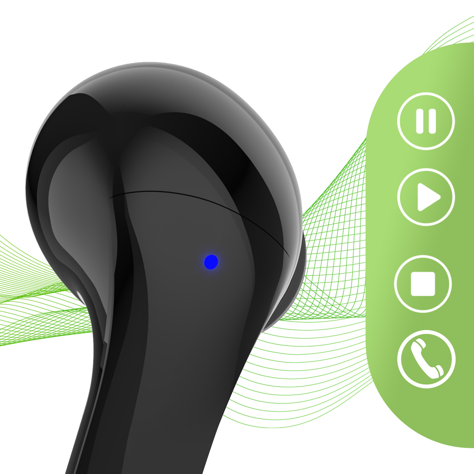 Czarny bezprzewodowy pączek z niebieskim światłem na tle zielonej fali z ikonami pauzy, odtwarzania, stopu, połączenia.