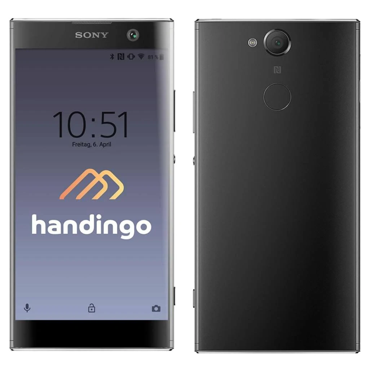 Schwarzes Sony-Smartphone, Vorder- und Rückansicht. Bildschirm zeigt Zeit und ein Logo. Weißer Hintergrund.