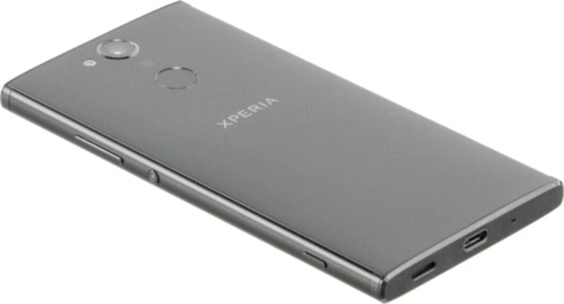 Graues Sony Xperia Telefon, Rückansicht. Weißer Hintergrund.