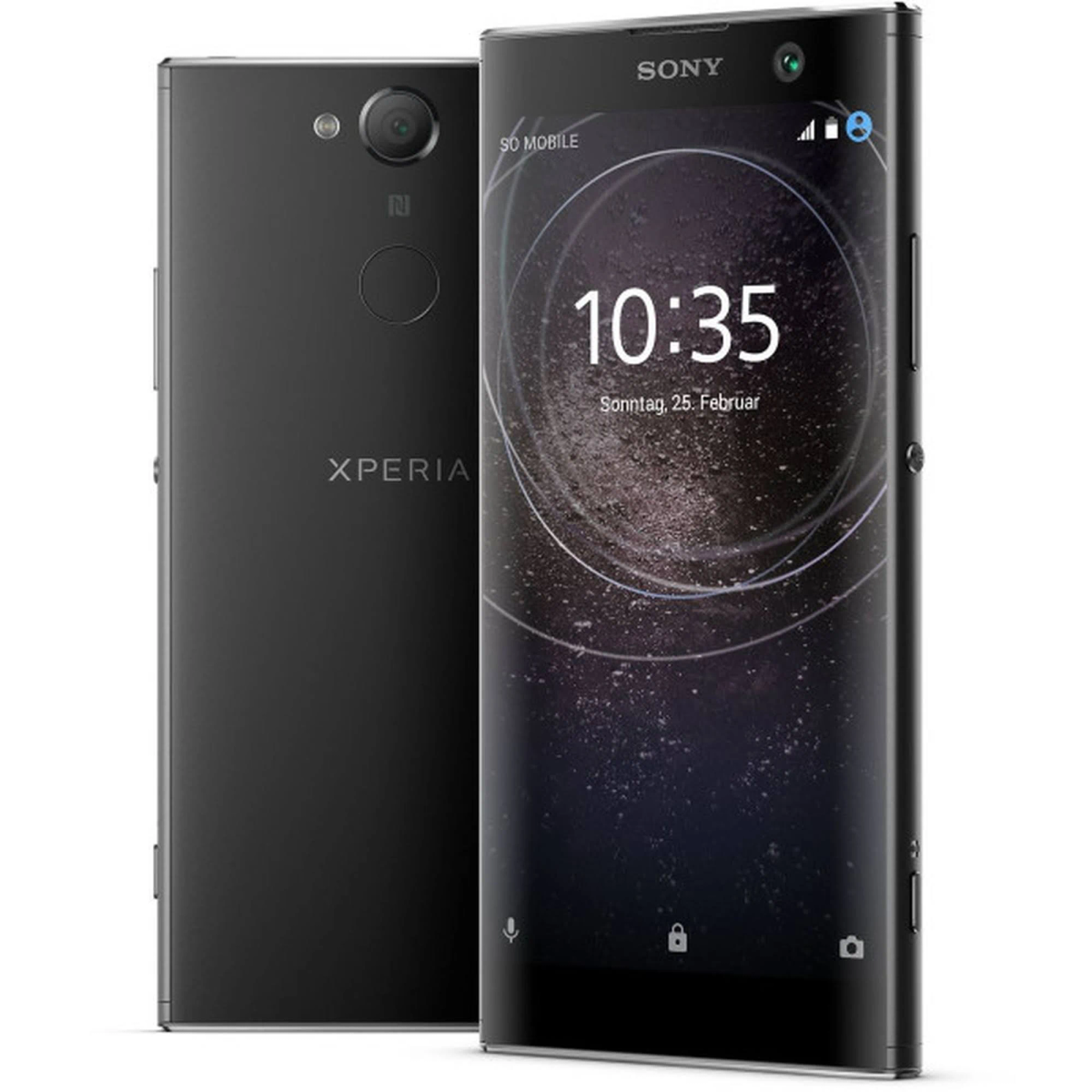 Schwarzes Smartphone mit Uhrzeit und Datum, zwei Kameras und Xperia-Logo.