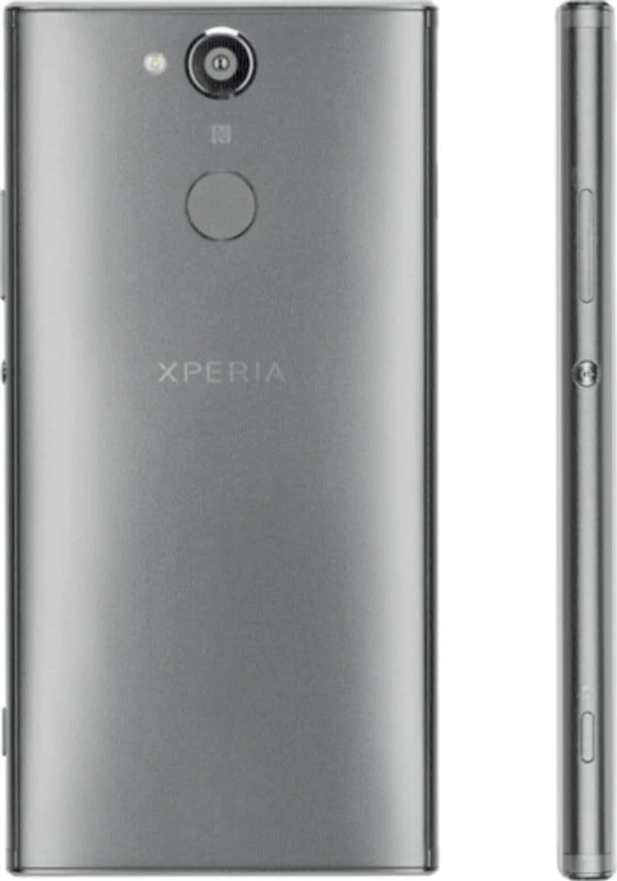 Die Rückseite eines silbernen Xperia-Telefons. Es hat eine Kamera, einen Fingerabdrucksensor und den Text XPERIA.