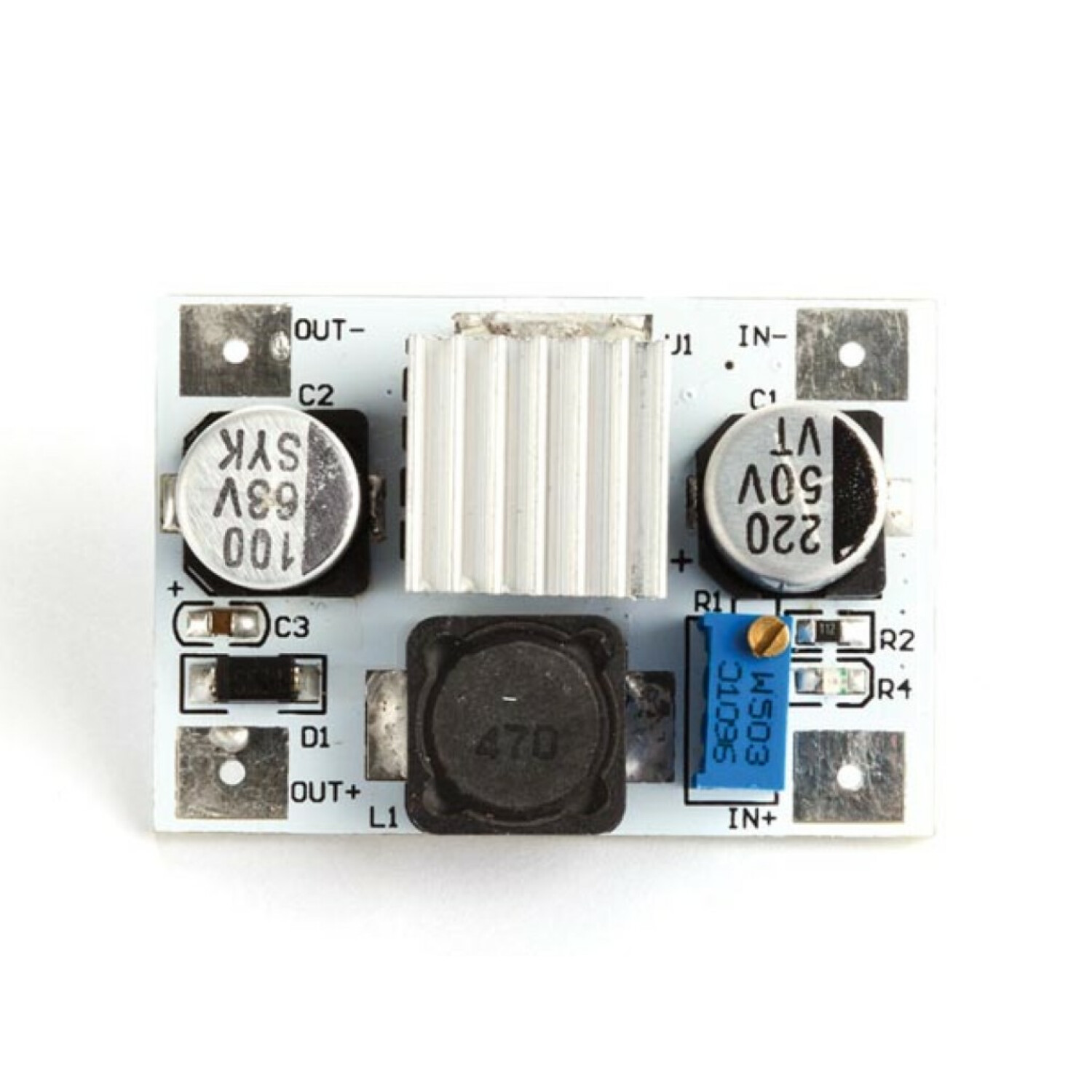 Elektronische Leiterplatte mit Kondensatoren, Kühlkörper und anderen Komponenten, weißer Hintergrund.