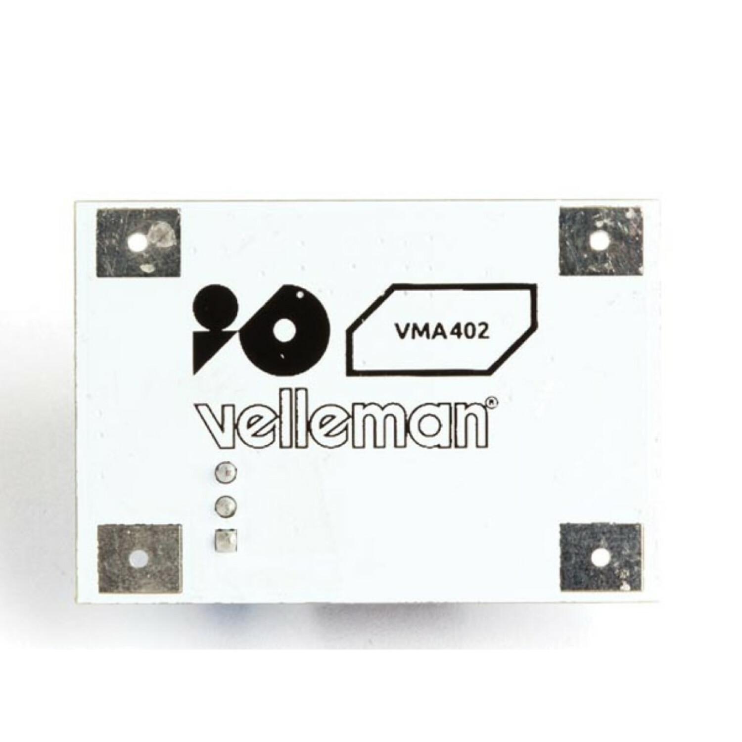 Weiße Platine mit schwarz-weißem Logo und dem Text VMA402 und velleman.