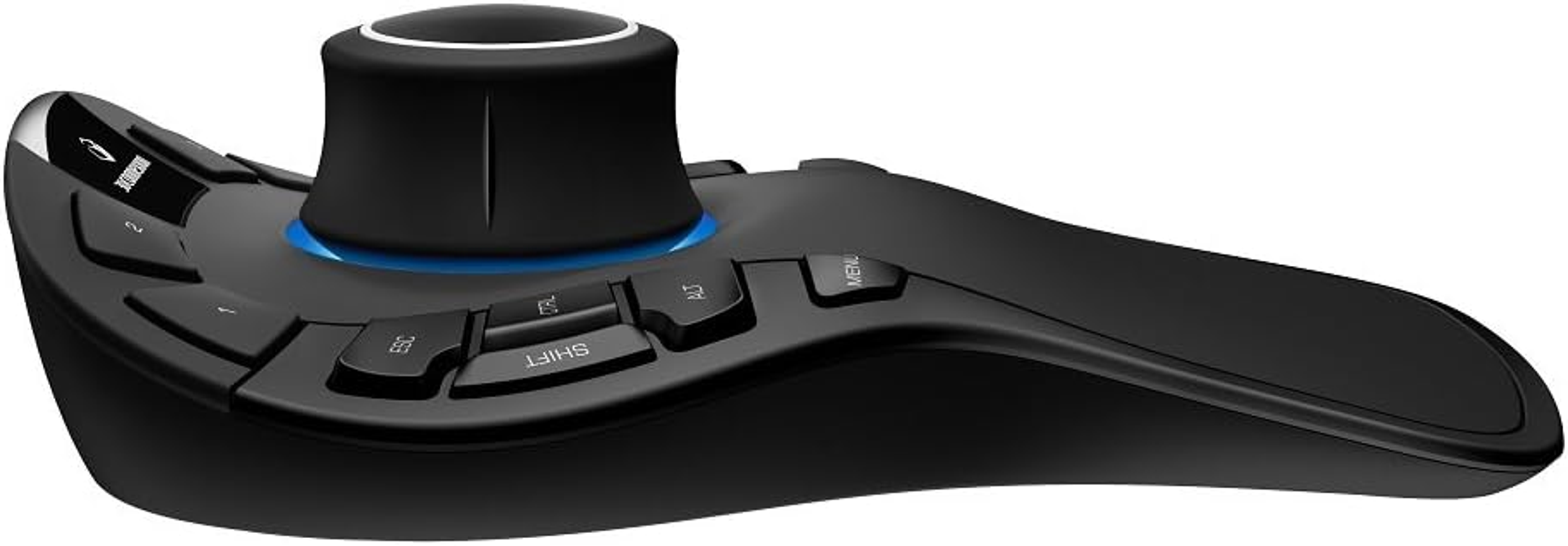 Ein schwarzes Computereingabegerät mit Tasten und einem Drehknopf. Es ist für Kreativprofis. Weißer Hintergrund.