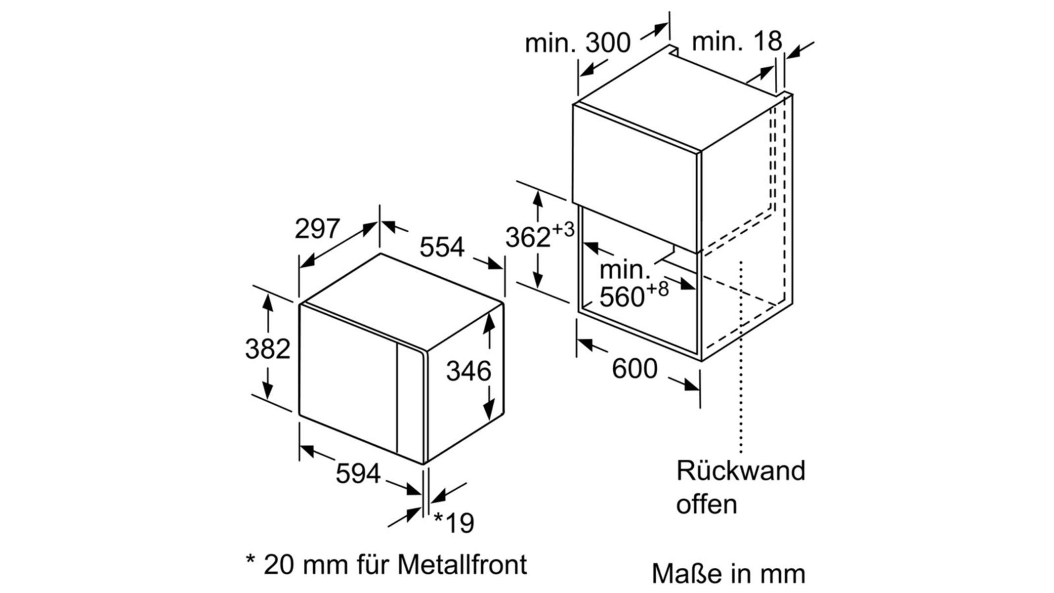Schemat wbudowanej kuchenki mikrofalowej, z wymiarami.