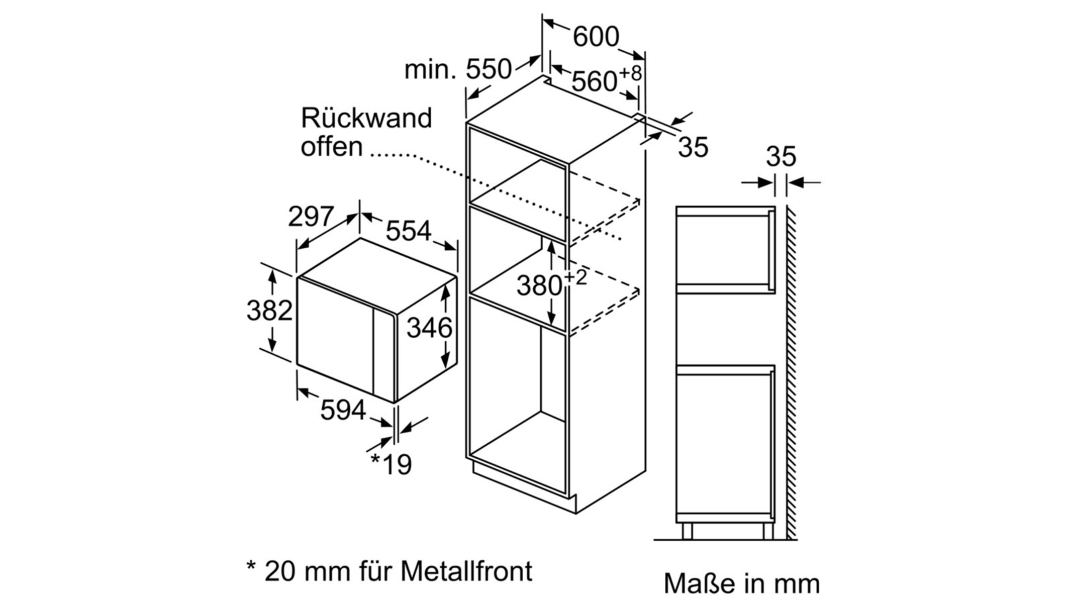 Schemat instalacji urządzenia kuchennego z wymiarami w mm.