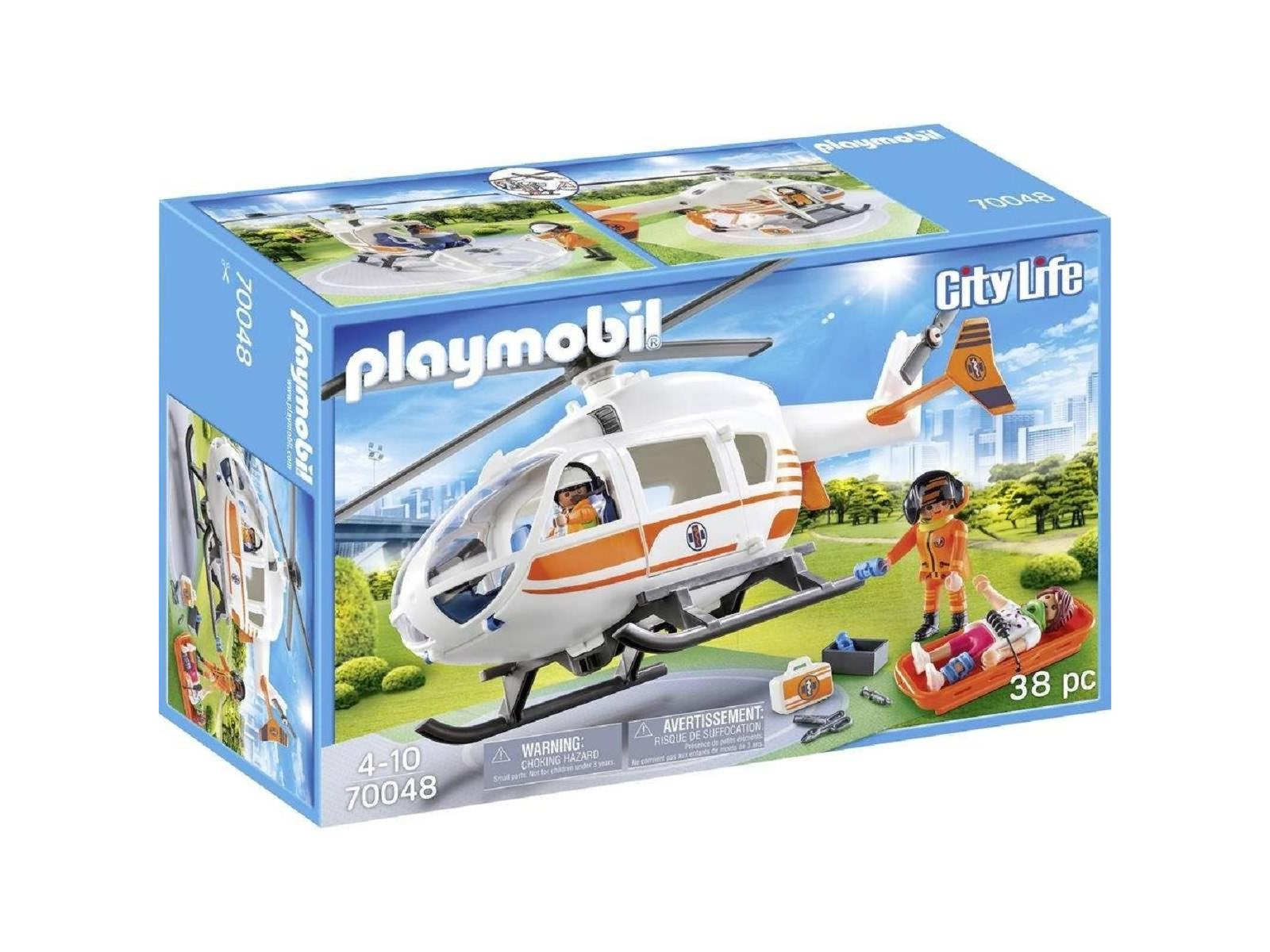 Playmobil-Box mit einem Hubschraubermodell, das Figuren eines Piloten und eines Sanitäters mit einer Trage zeigt.