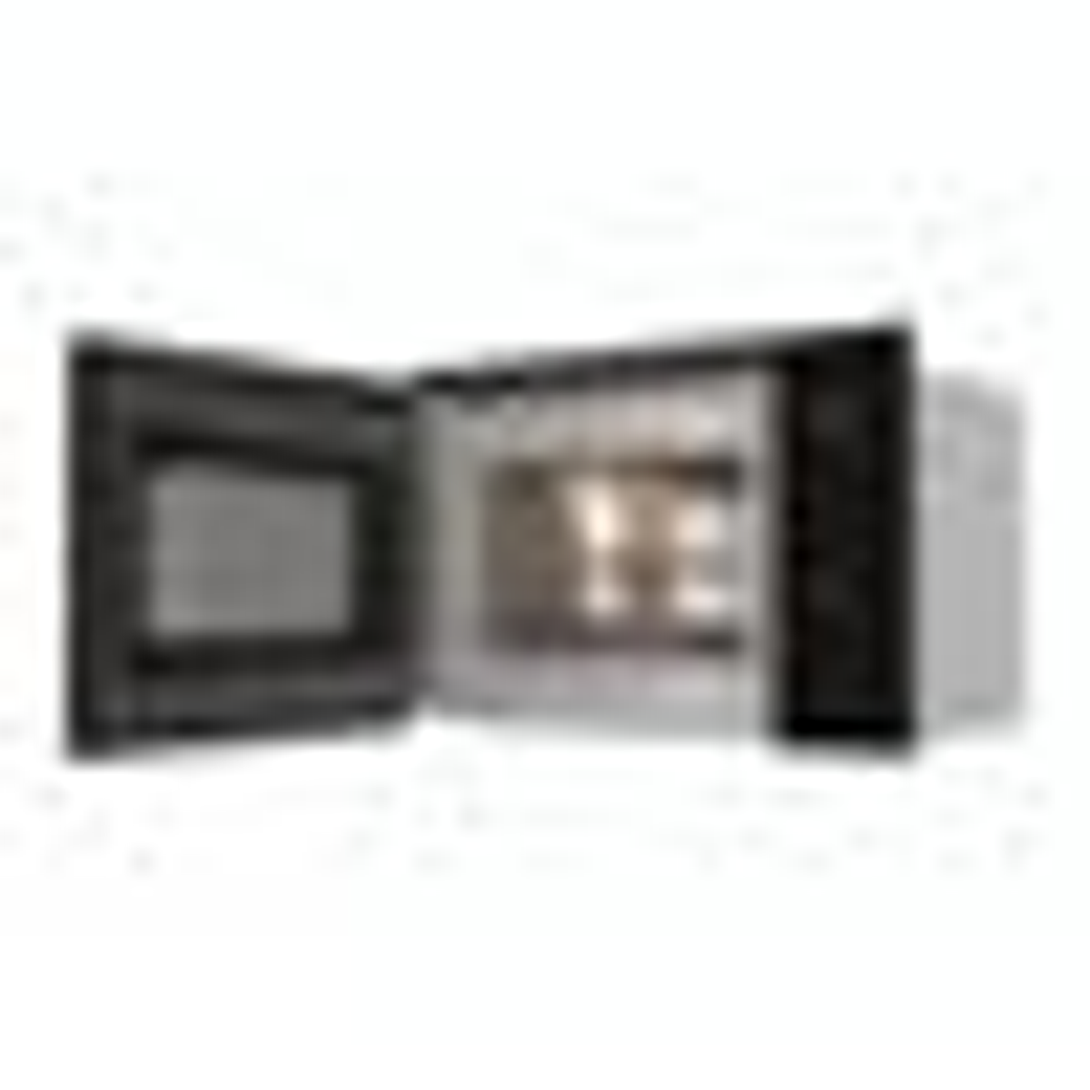 Kuchenka mikrofalowa z otwartymi drzwiami, odsłaniająca wnętrze. Niewyraźny obraz.