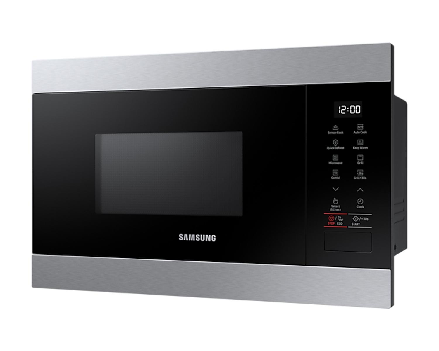 Forno a microonde Samsung argento e nero con display digitale.