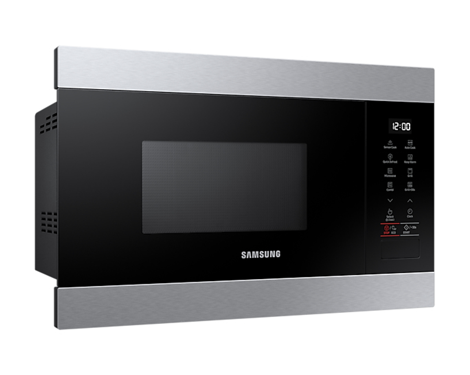 Microonde da incasso Samsung. Cornice argento, porta nera, display digitale, pannello di controllo a destra.