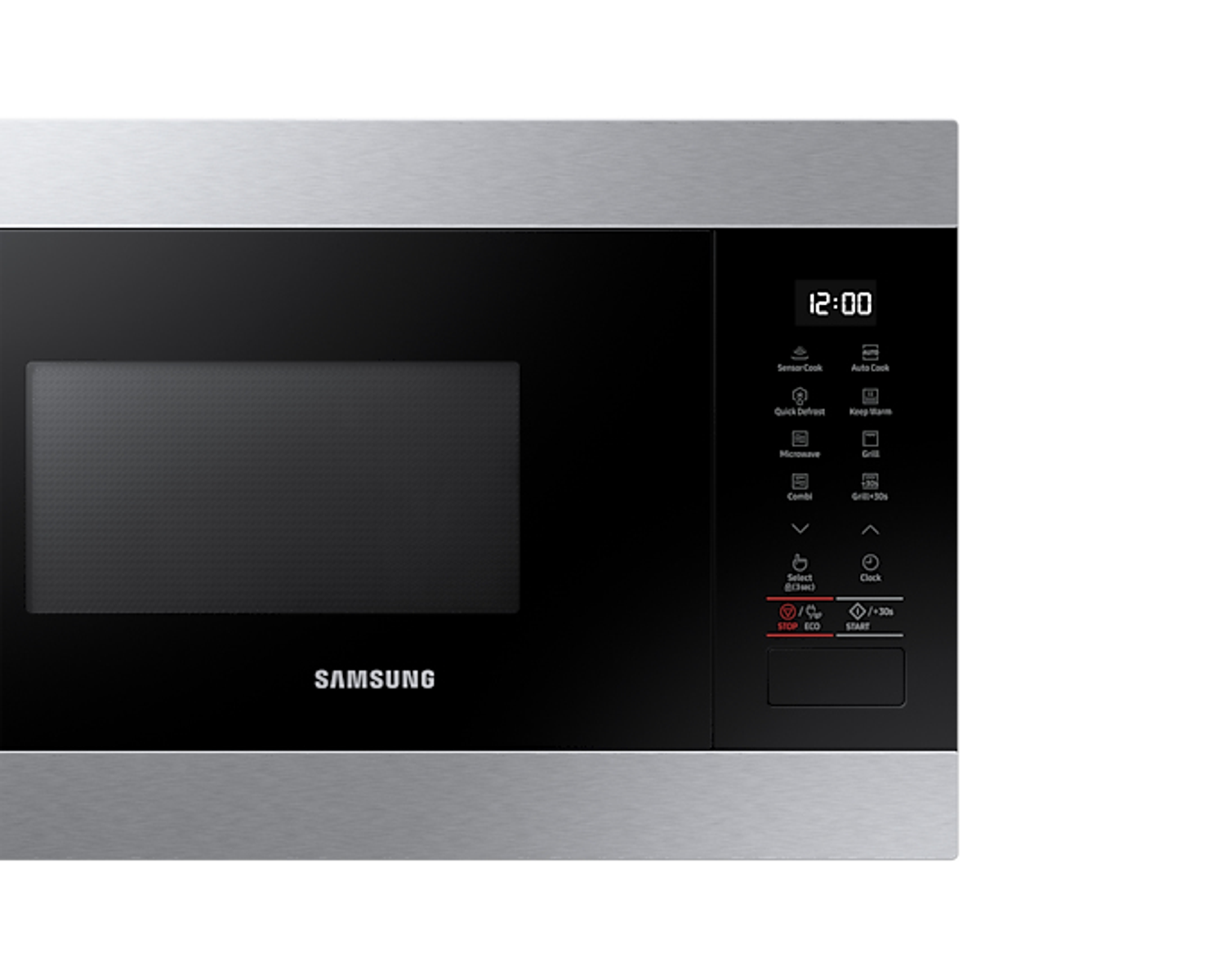 Un forno a microonde Samsung argento e nero con display digitale e pannello di controllo.