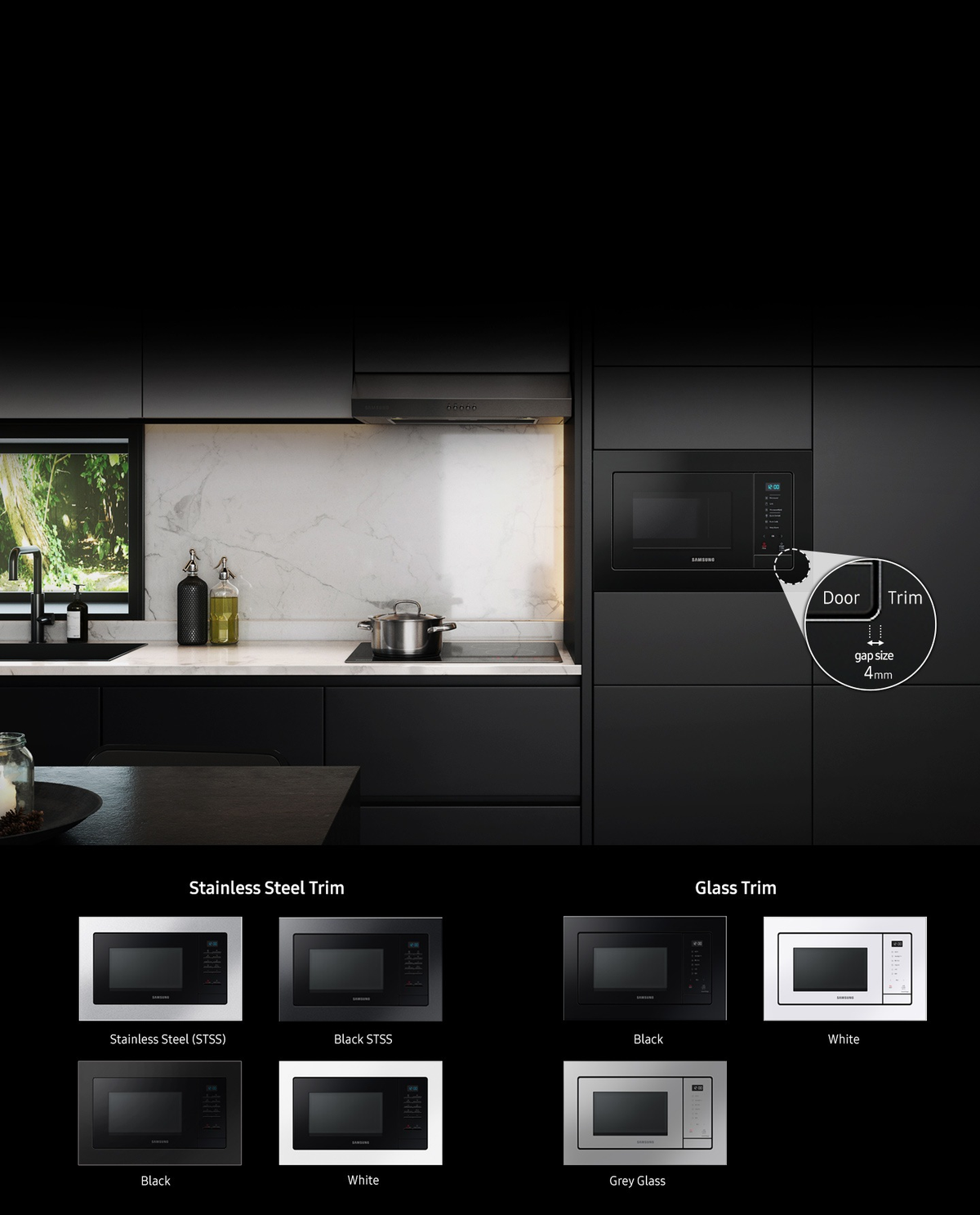 Una cucina nera con forno a microonde integrato e diagrammi che mostrano le opzioni di finitura.