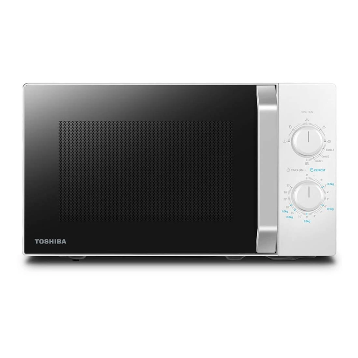 Micro-ondes Toshiba noir et blanc. Fonctions : fonction, minuterie et dégivrage.