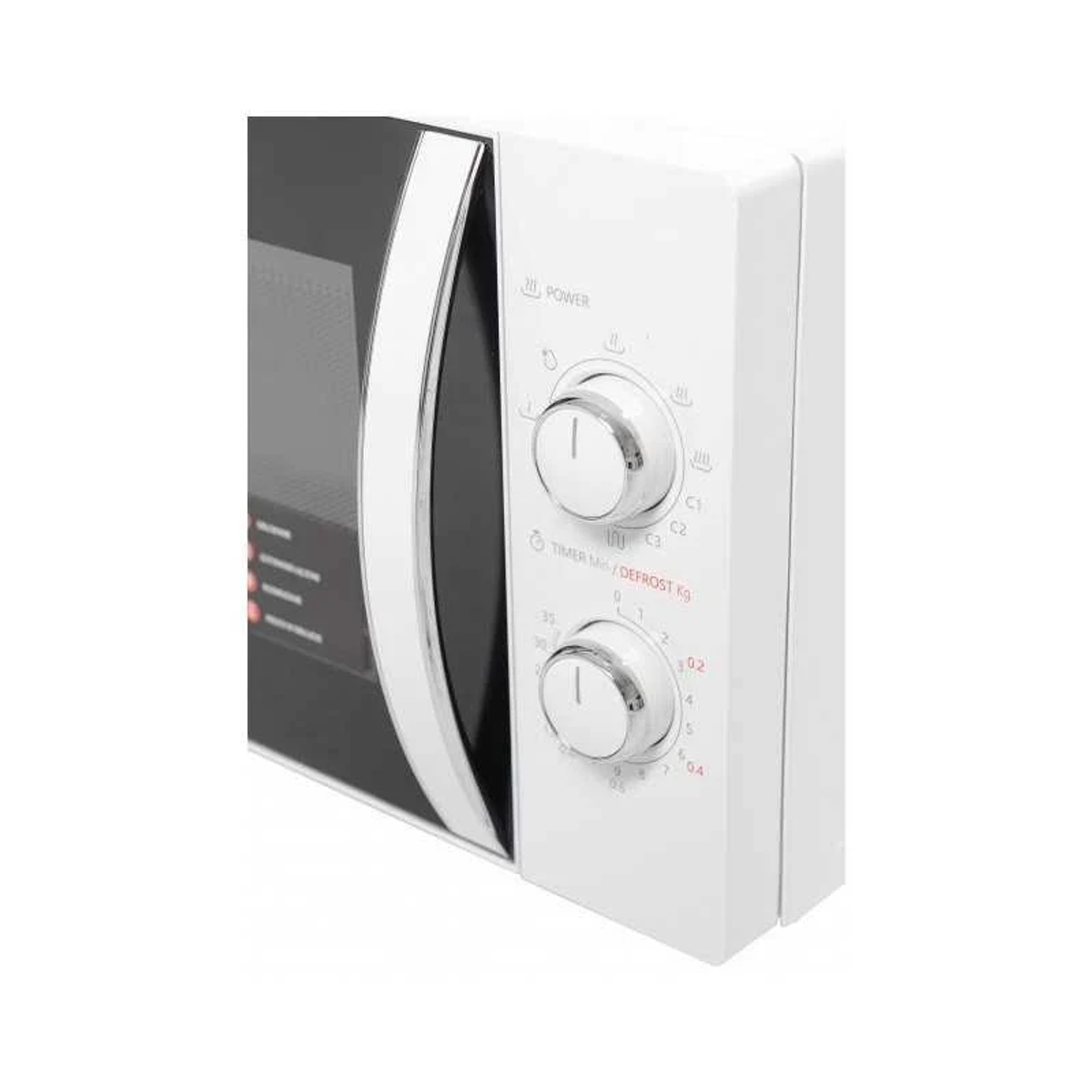 Panneau de commande de four micro-ondes blanc avec boutons d'alimentation et de minuterie, gros plan.