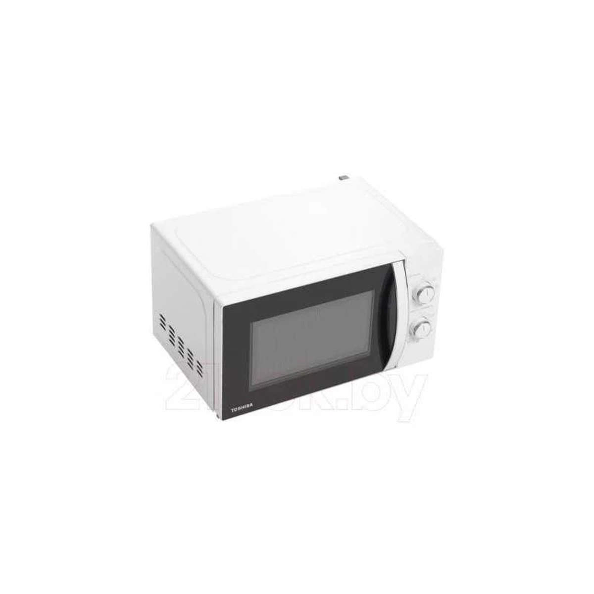 Four à micro-ondes Toshiba blanc, forme rectangulaire, porte noire et panneau de commande.