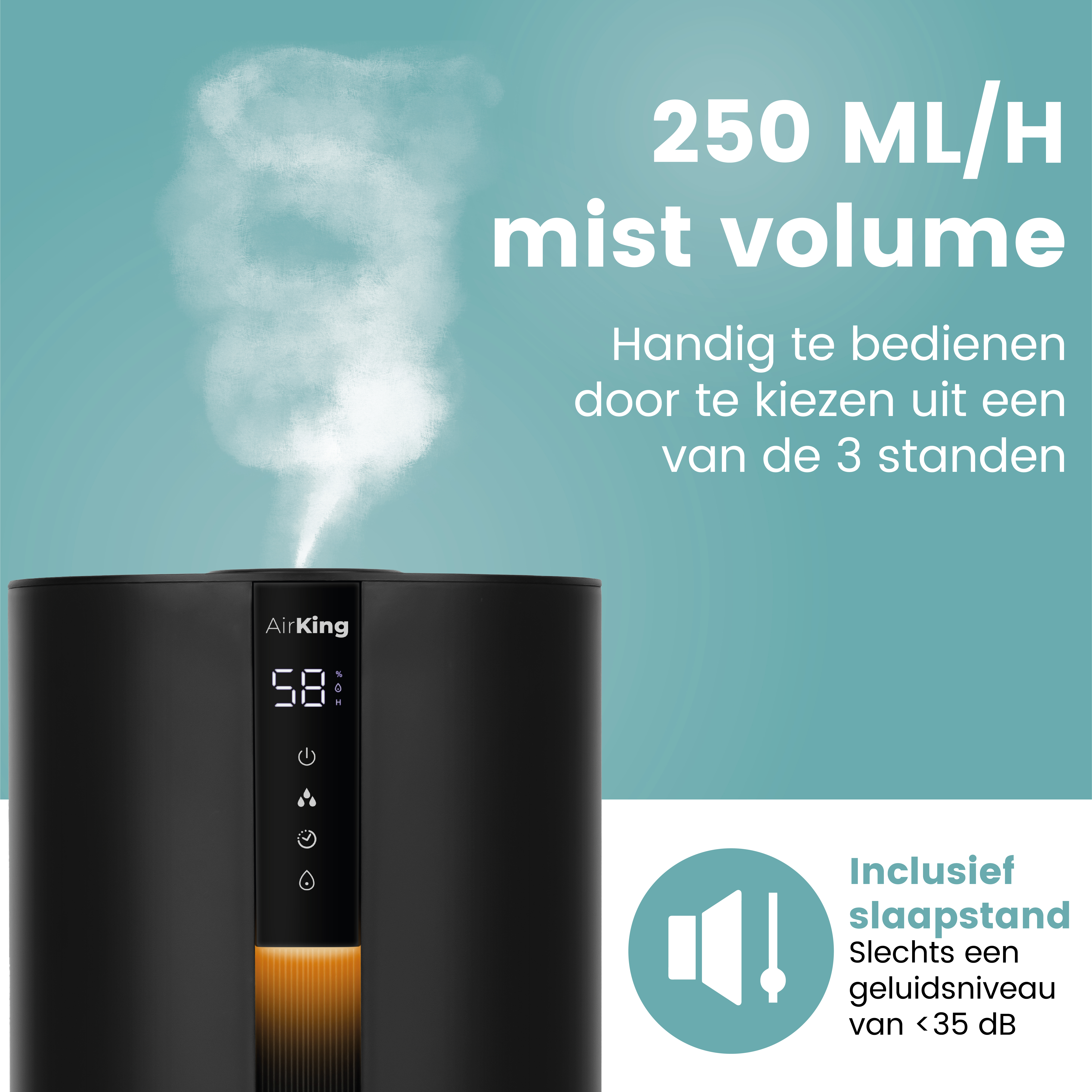 Zwarte luchtbevochtiger met mist. Bovenste tekst: 250 ML/H mistvolume. Witte mist komt eruit.