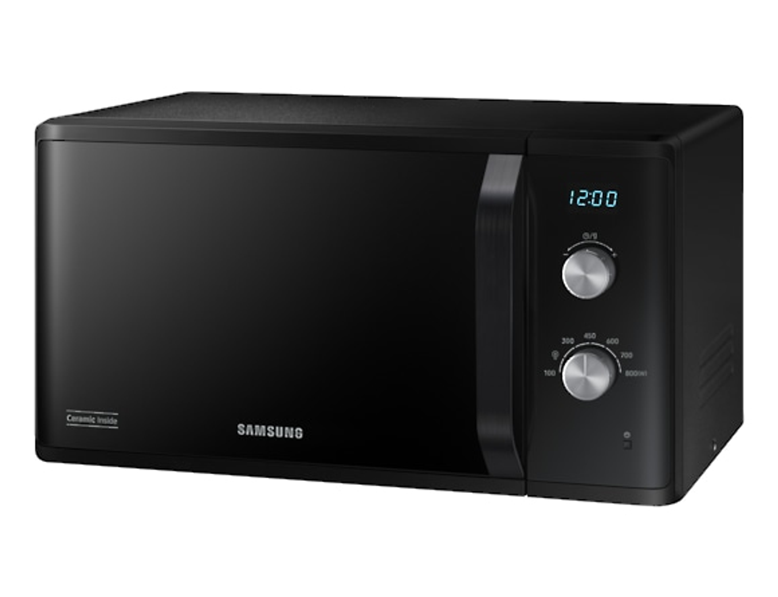 Forno a microonde nero con display digitale dell'orologio, manopole di controllo e logo Samsung.