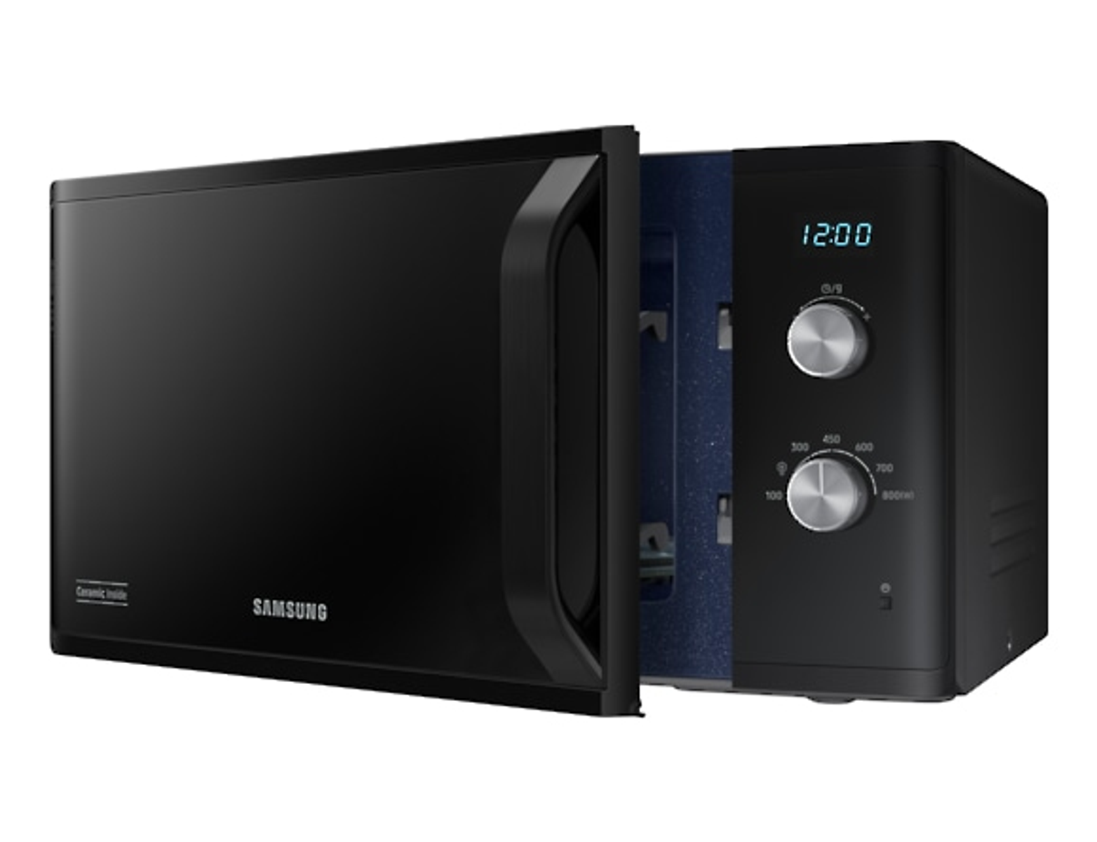Un forno a microonde Samsung nero con la porta aperta.