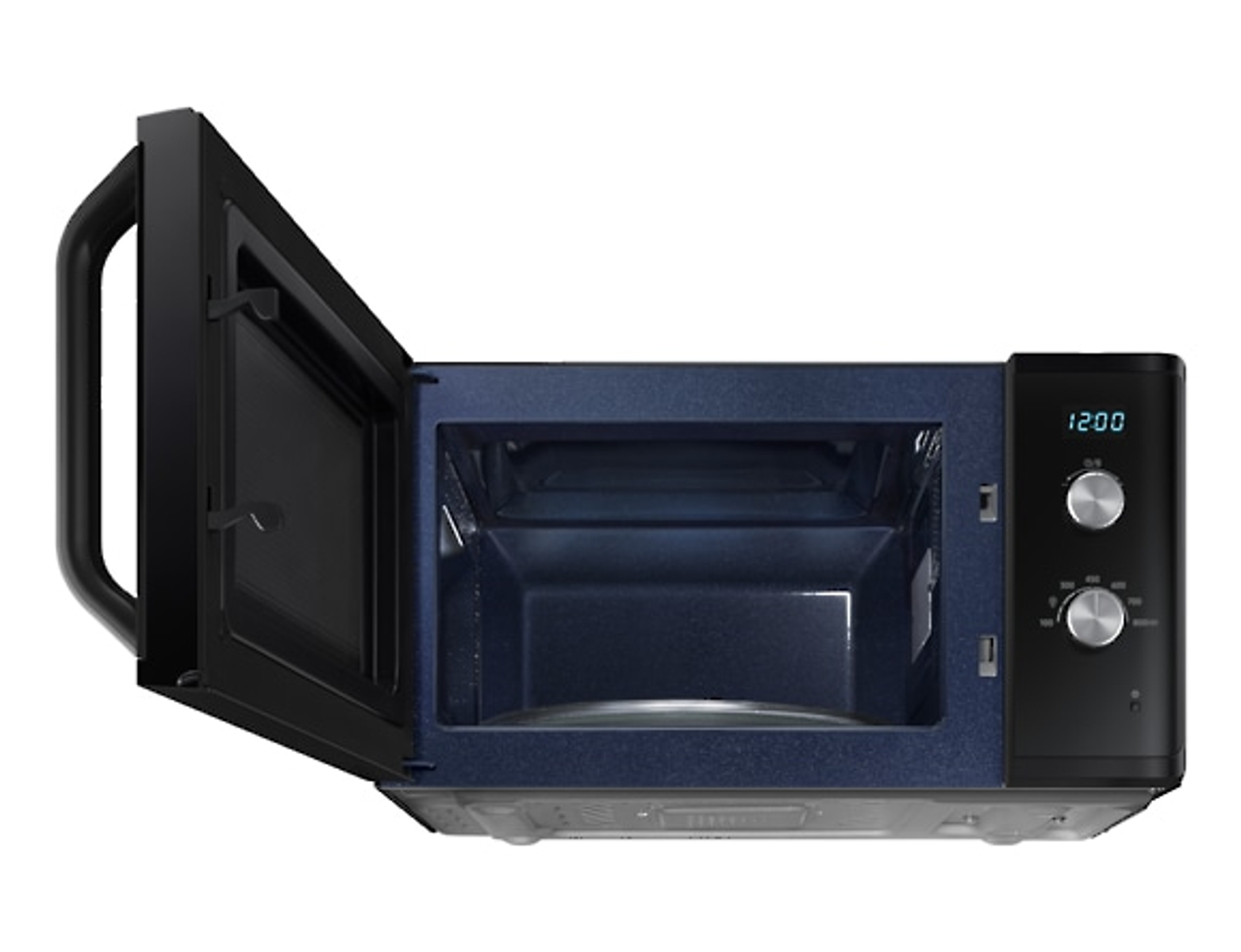 Forno a microonde con porta aperta, interno blu. Maniglia nera, pannello di controllo a destra.