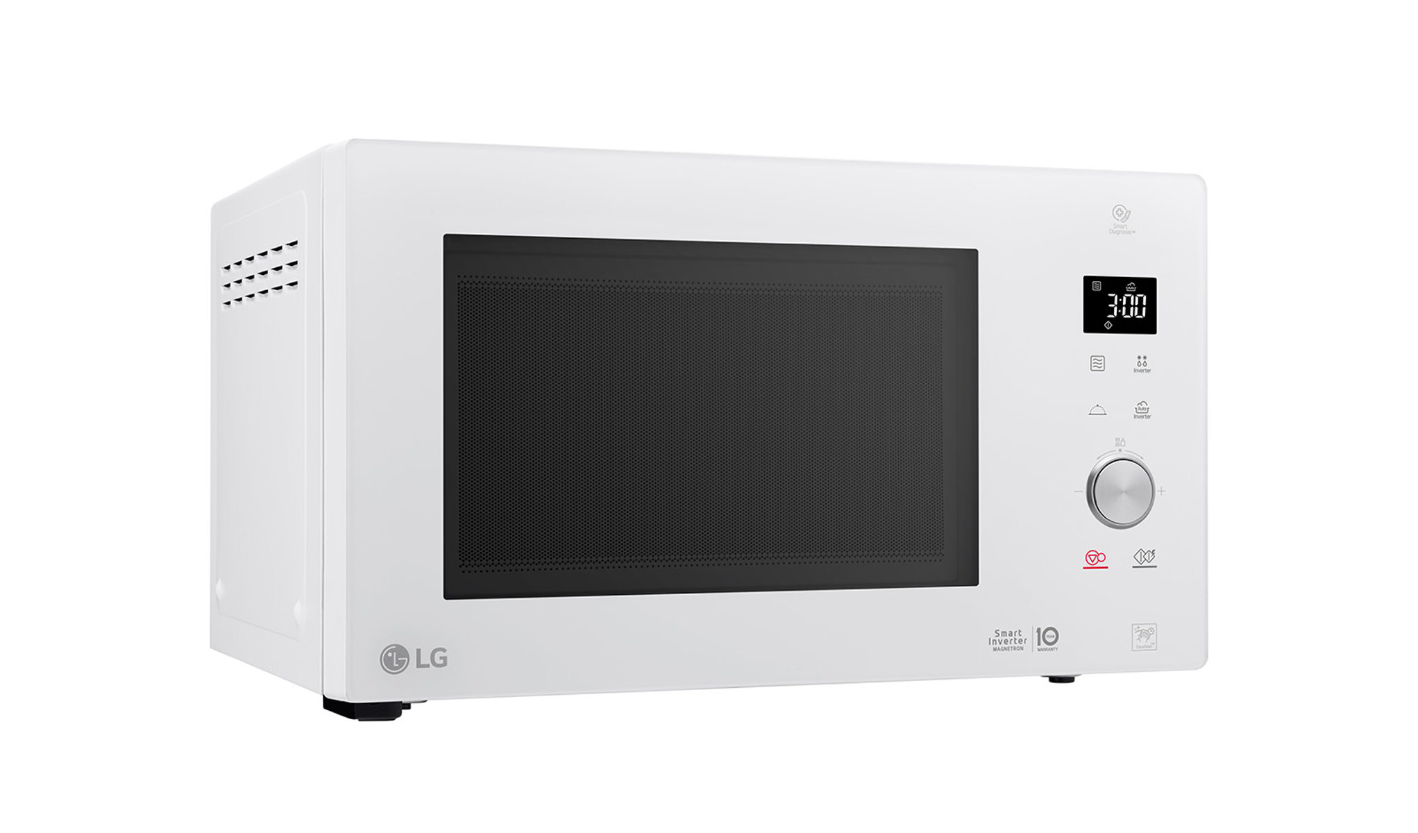 Microonde LG bianco. Il display digitale mostra l'ora. Comandi sul lato destro.